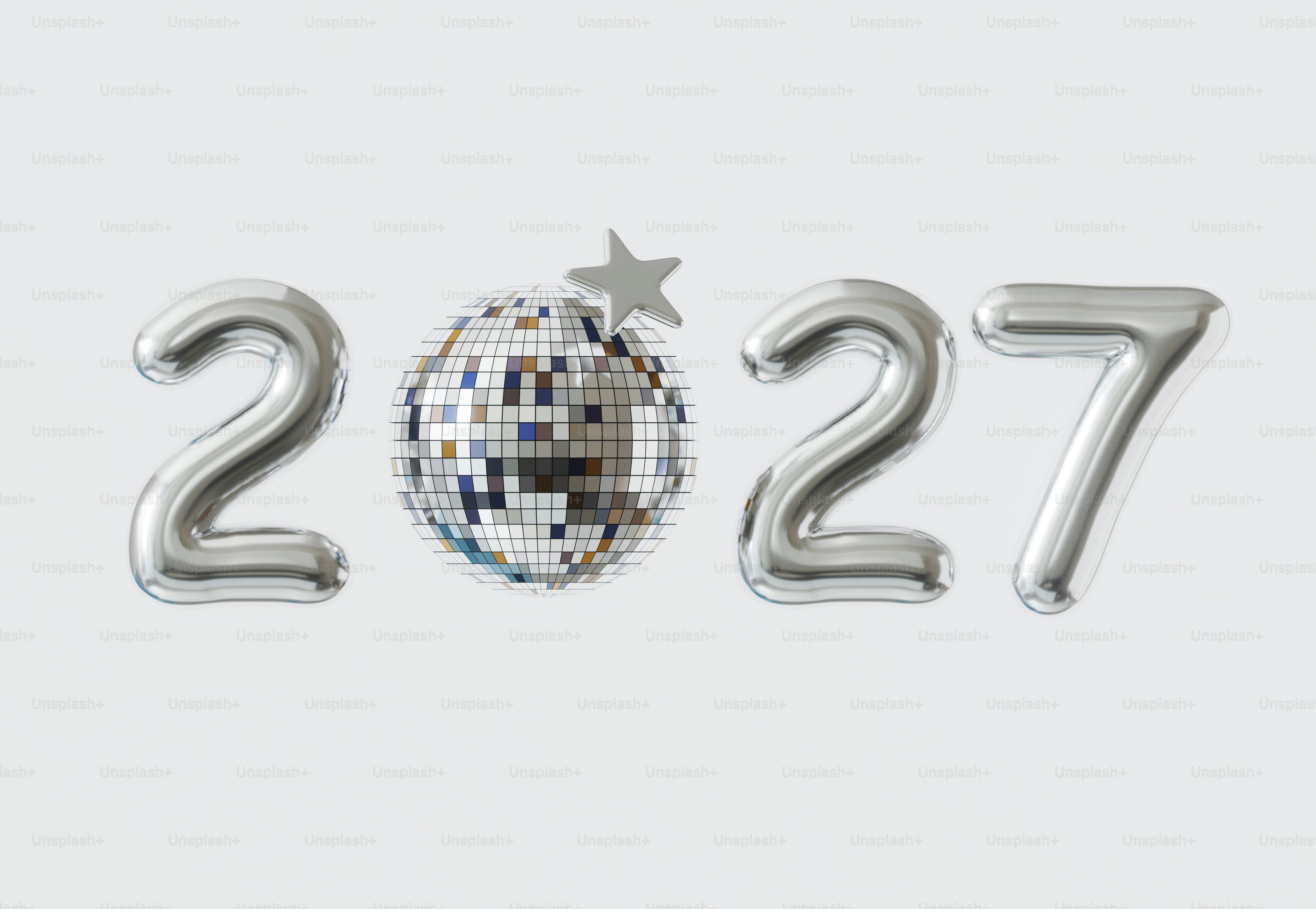Silver balloon numbers 2027 with a disco ball and star on a white background