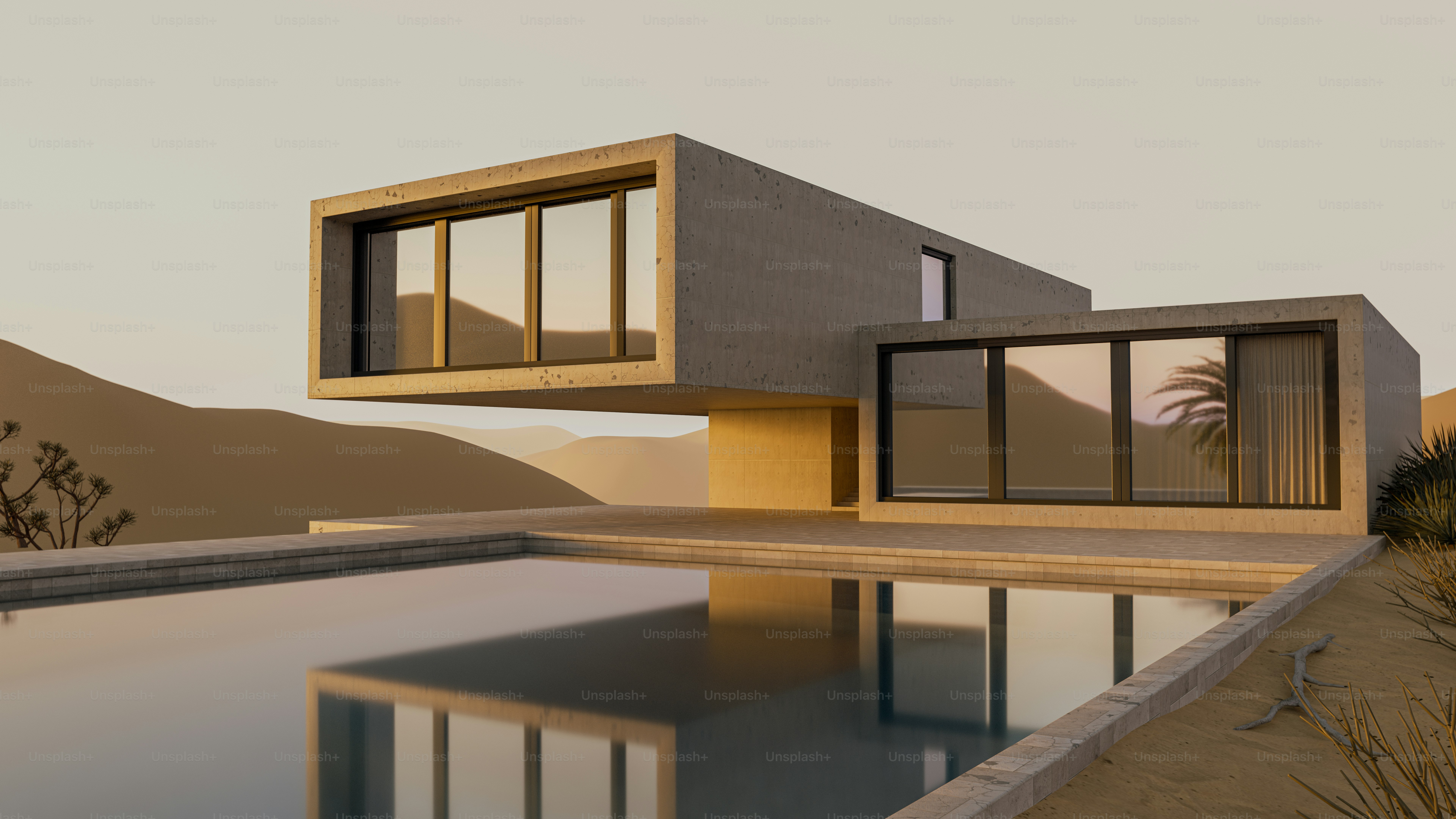 A modern concrete house with large windows overlooking a pool in a desert landscape