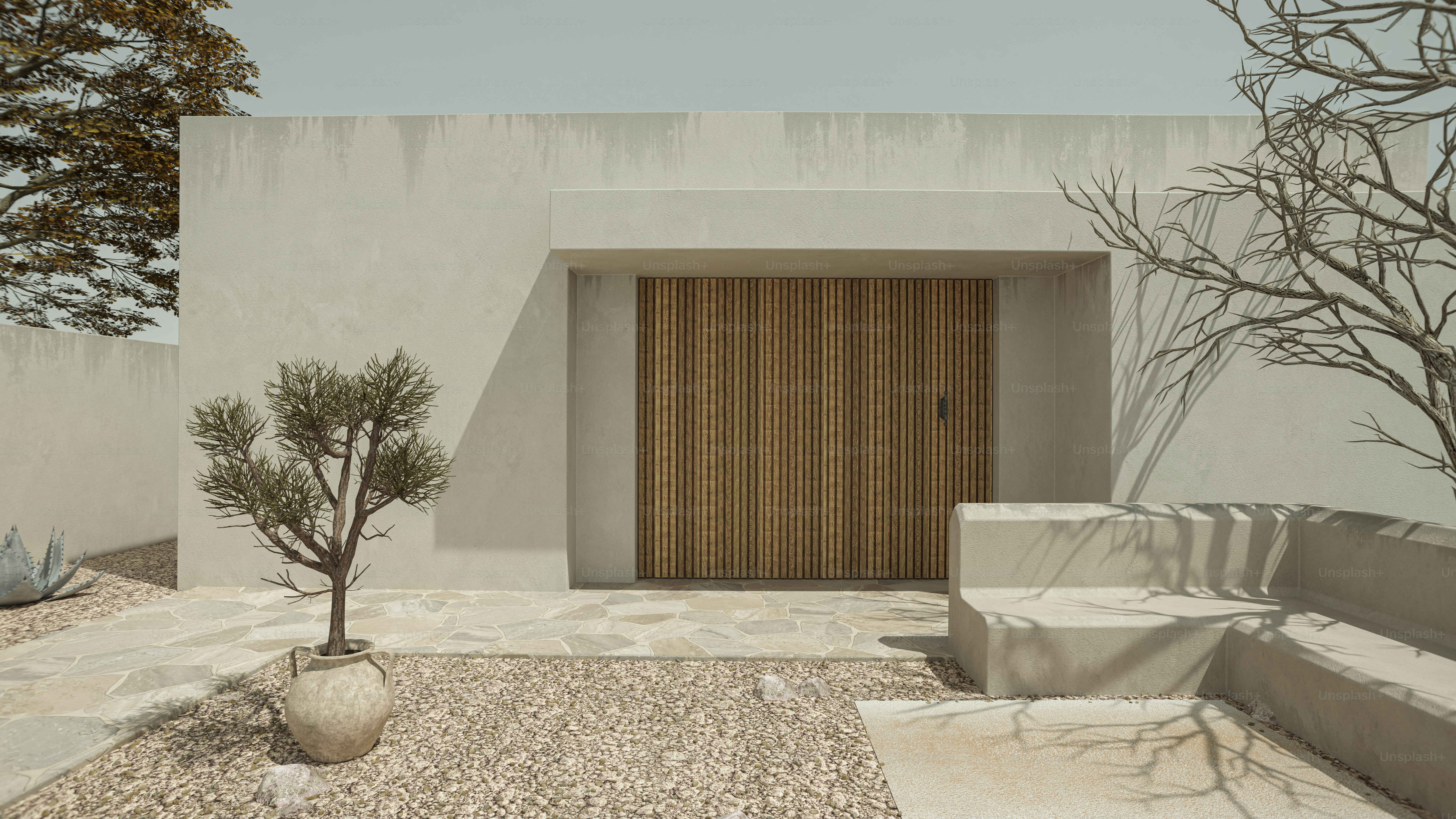 A minimalist courtyard with a wooden slatted door and a potted tree