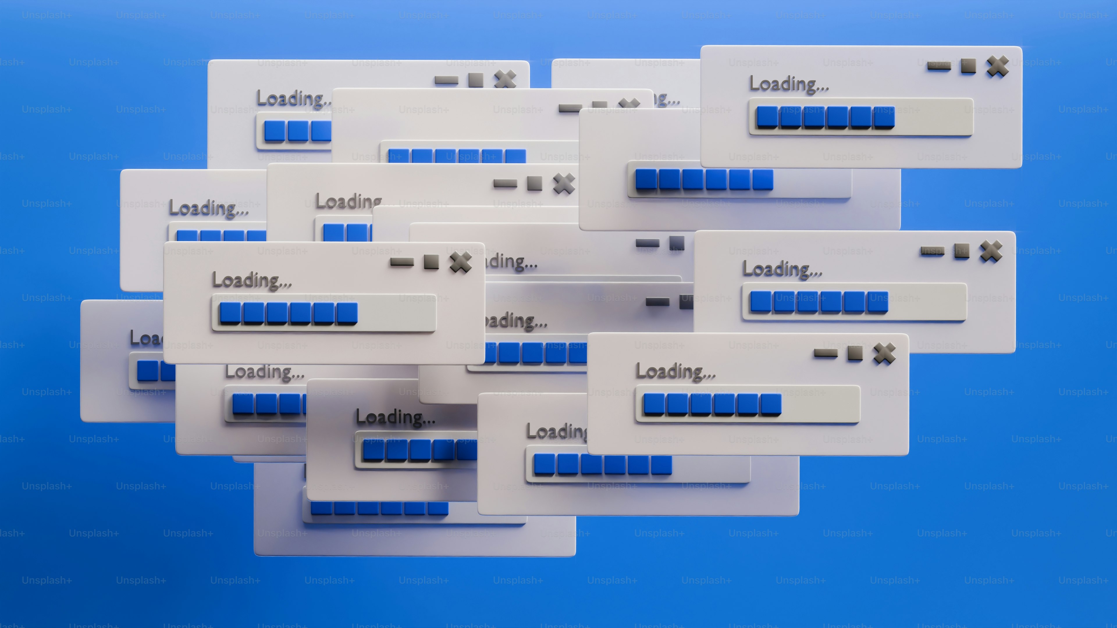 Multiple white loading bars with blue progress segments floating against a blue background