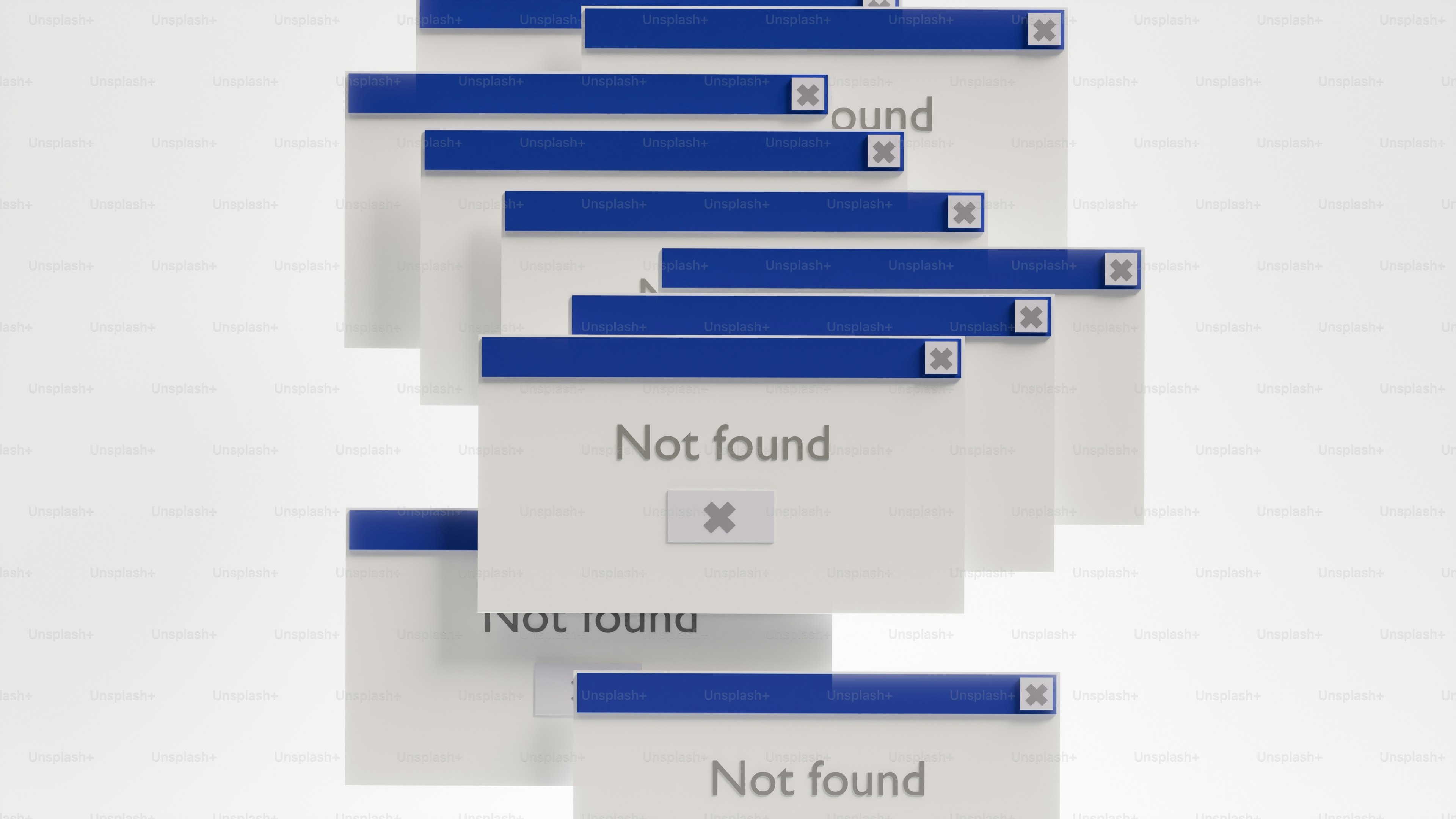 Multiple overlapping computer error windows with Not found text on a white background