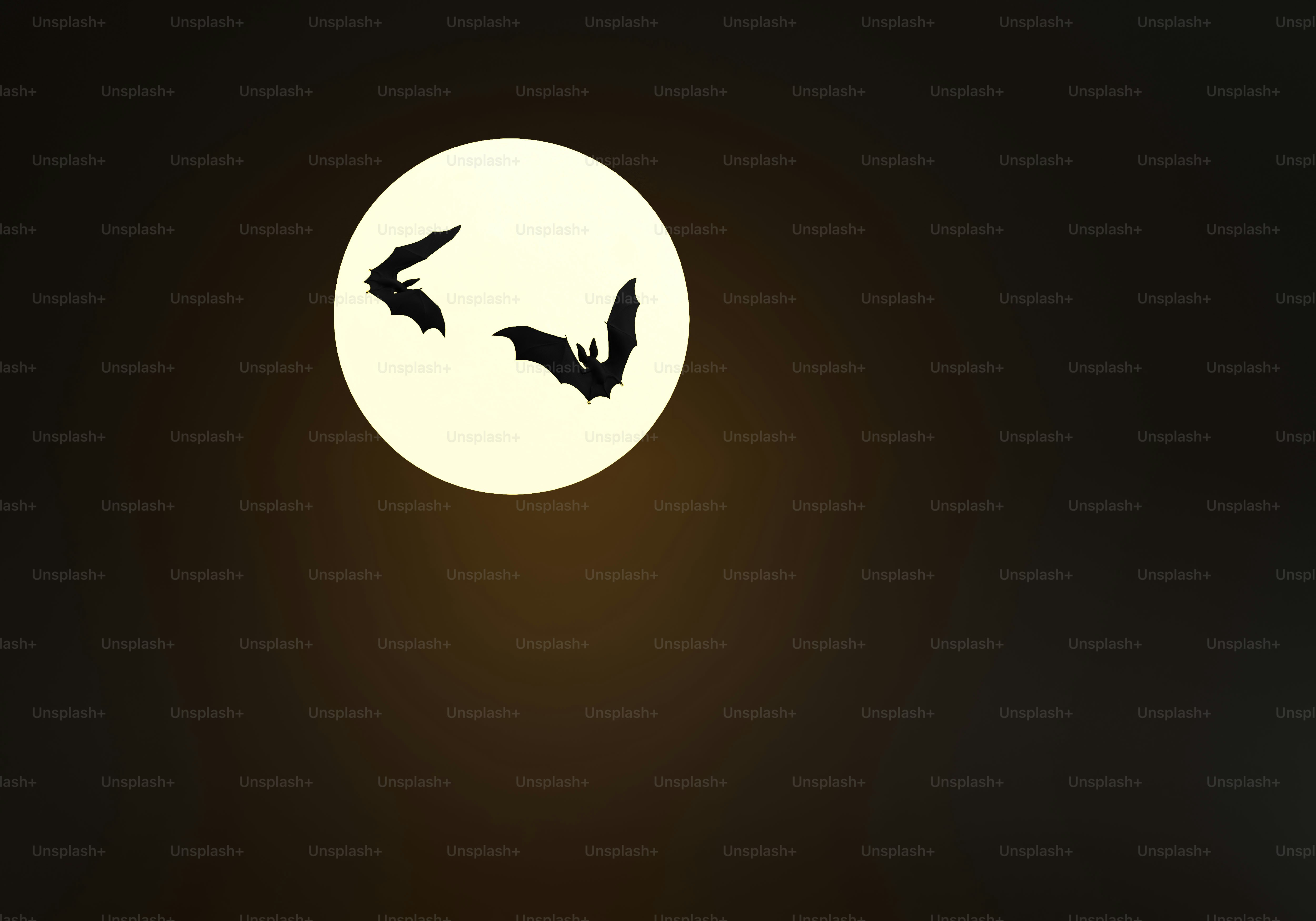 Two bats in silhouette flying across a large full moon in a dark sky