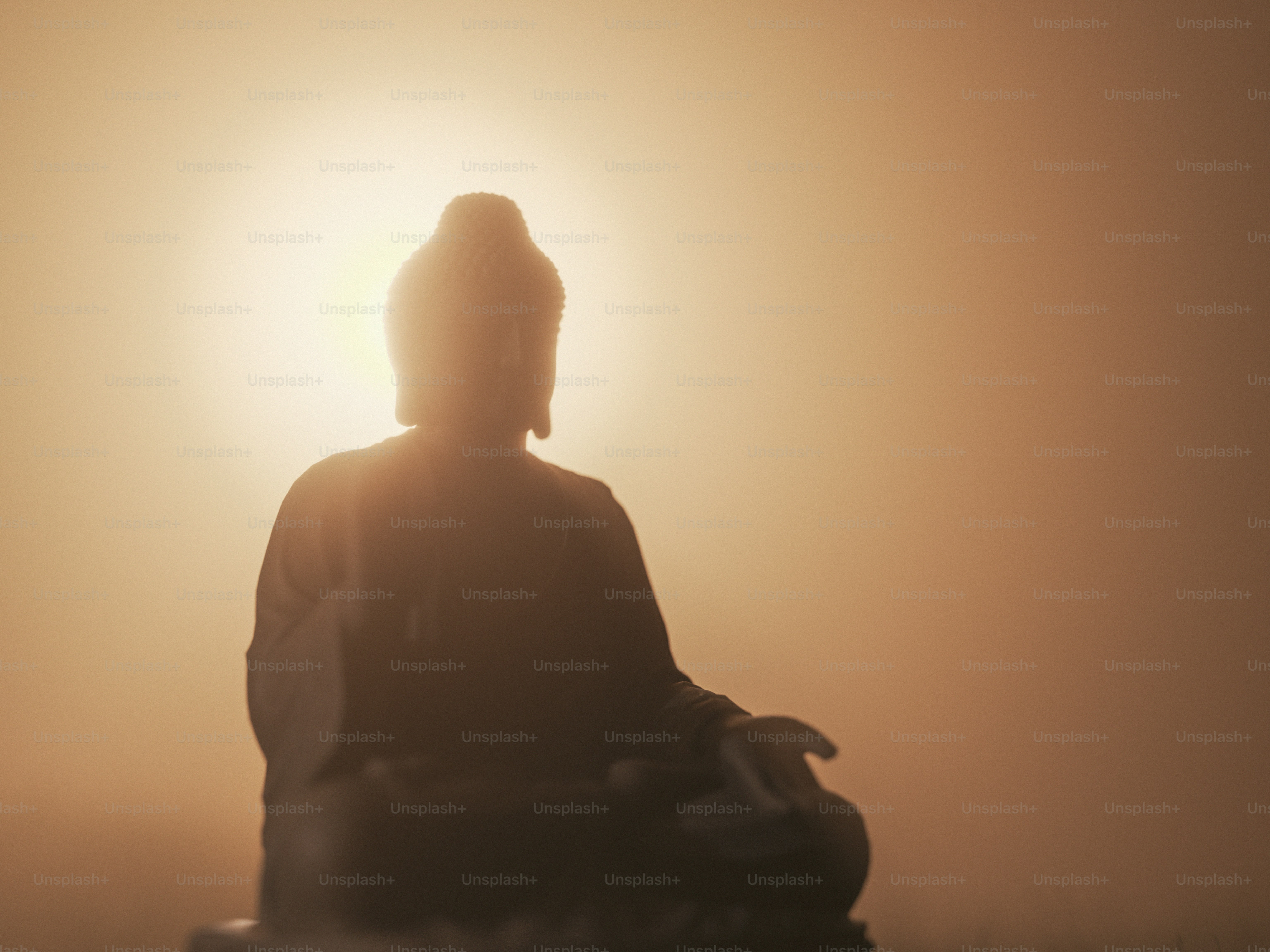 A Buddha statue in silhouette against a warm glowing light in the mist