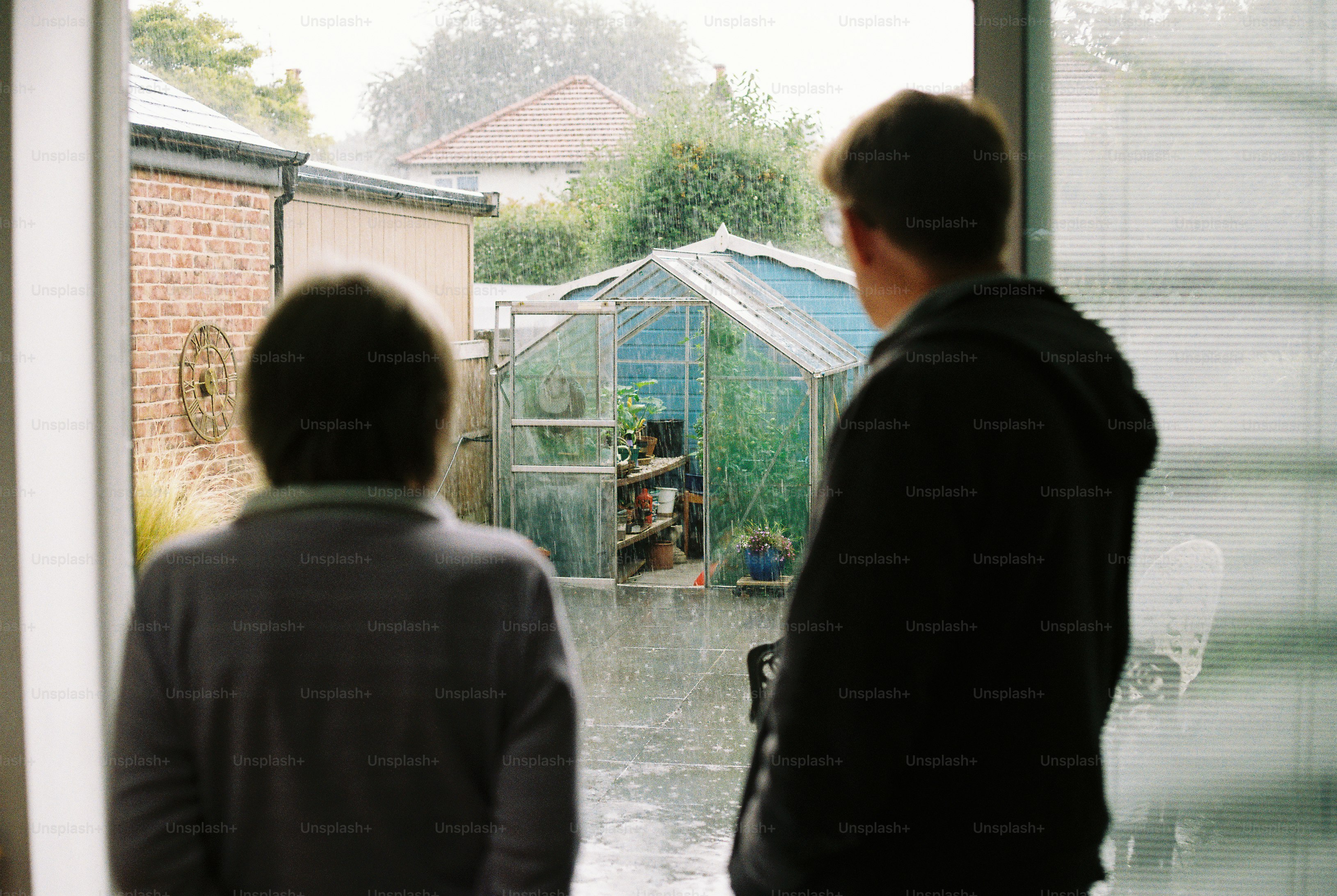 Two people looking out from a doorway at a rainy garden with a greenhouse