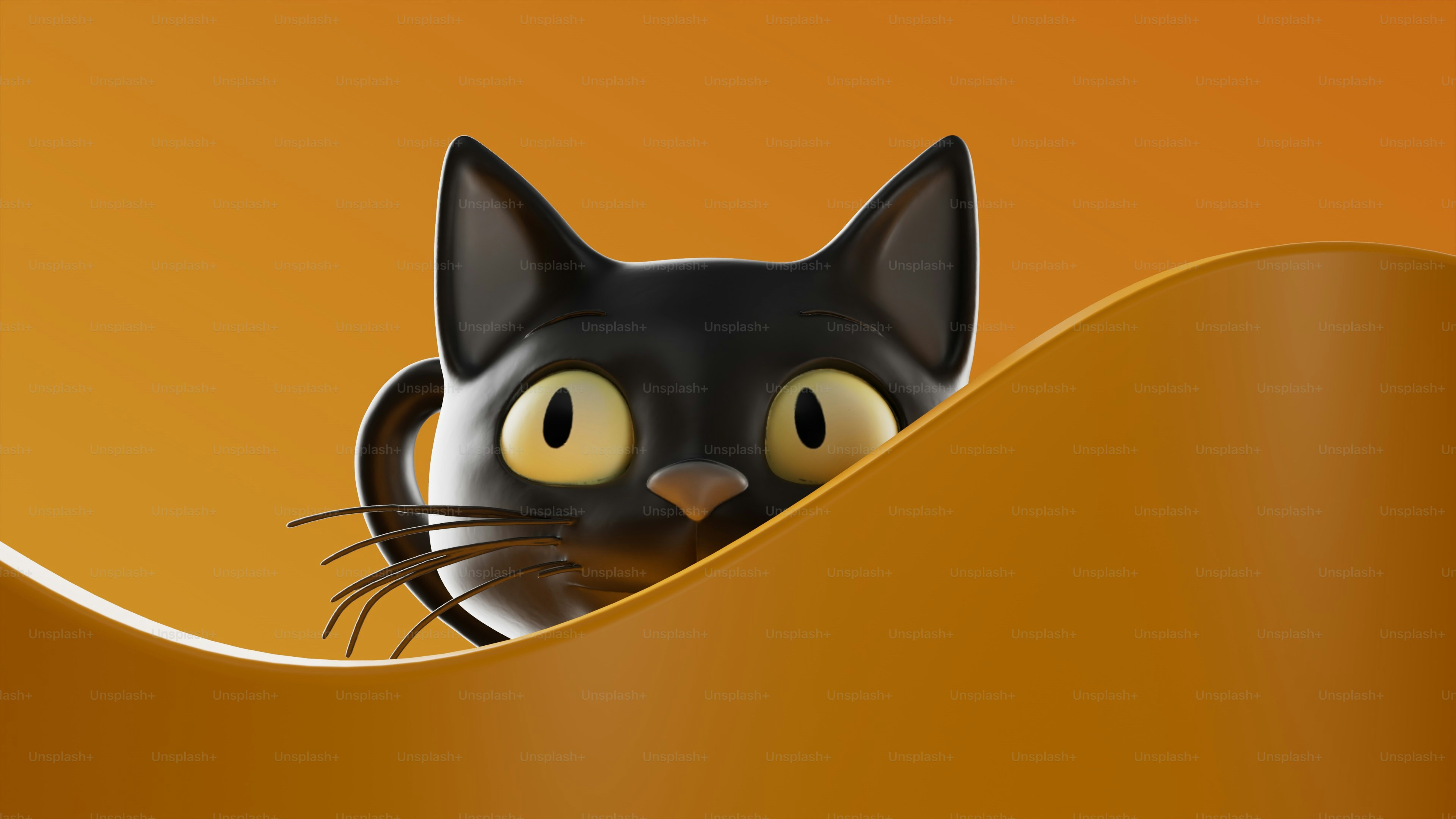 Un gatto nero stilizzato con grandi occhi gialli che spuntavano sopra un'onda arancione