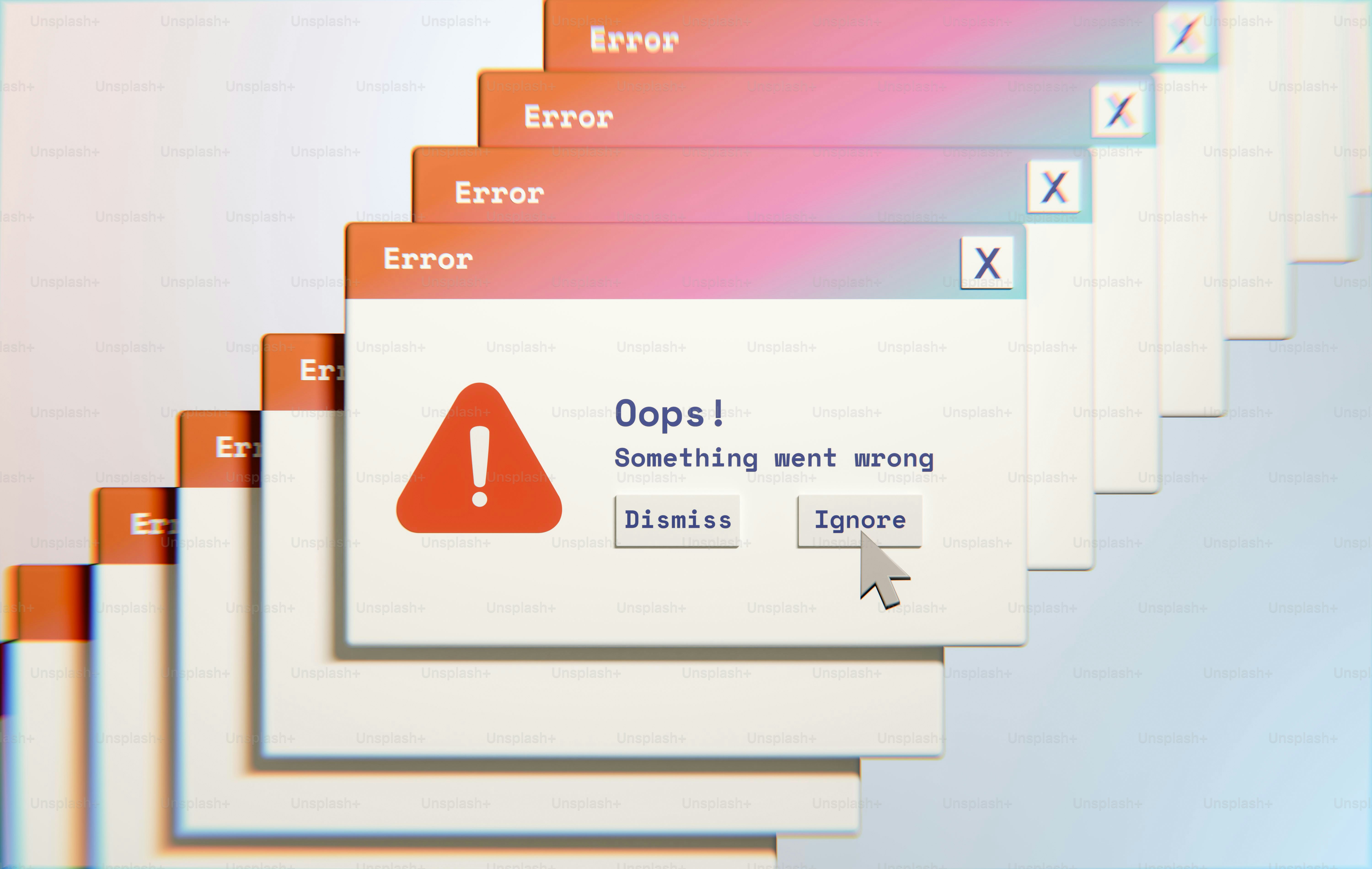 A stack of cascading error message windows with a mouse cursor clicking ignore