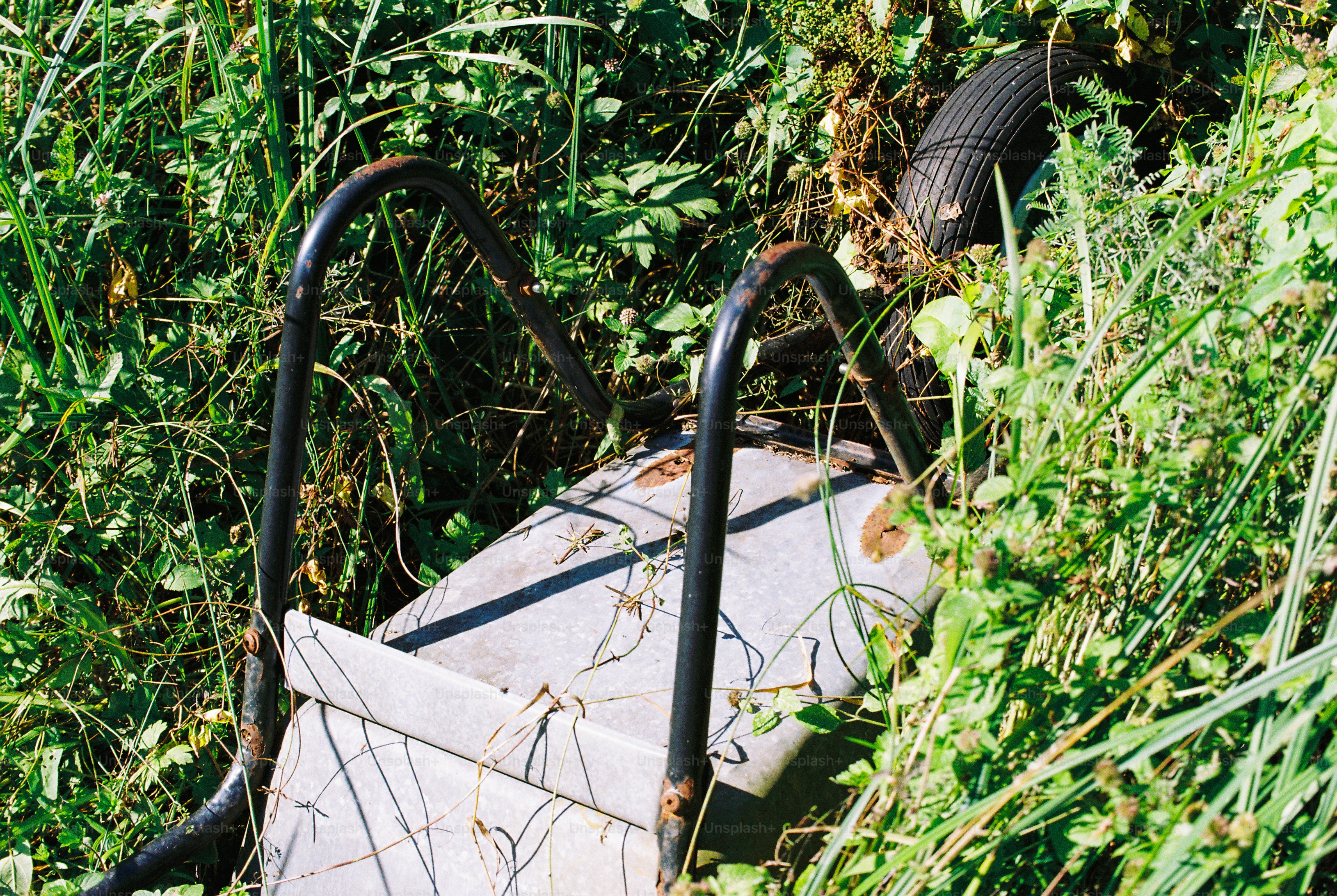 An overturned metal wheelbarrow in tall green grass and weeds