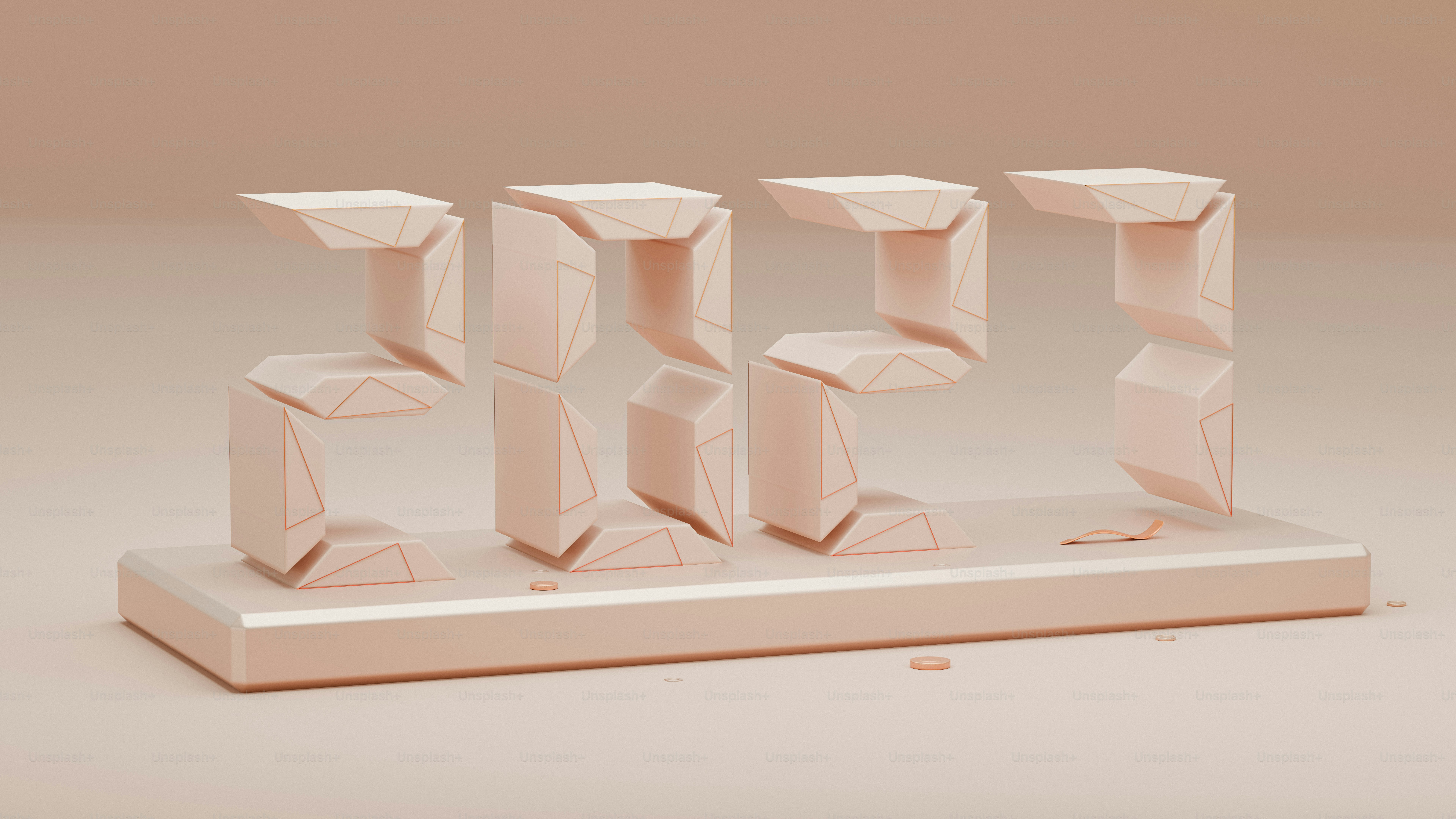 The number 2023 formed by geometric peach colored blocks on a flat surface
