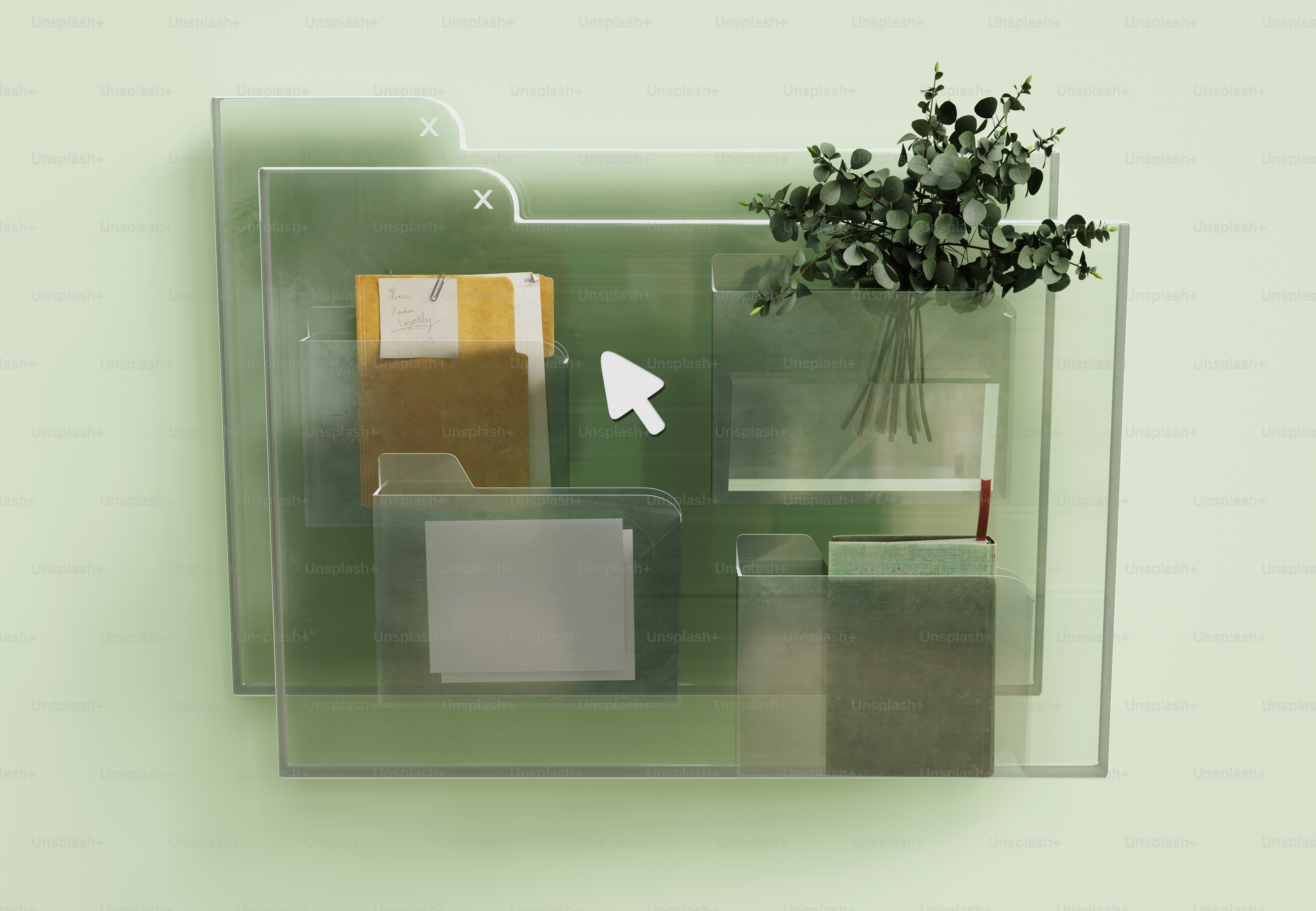 A digital interface with translucent file folders containing documents, a book, and eucalyptus branches