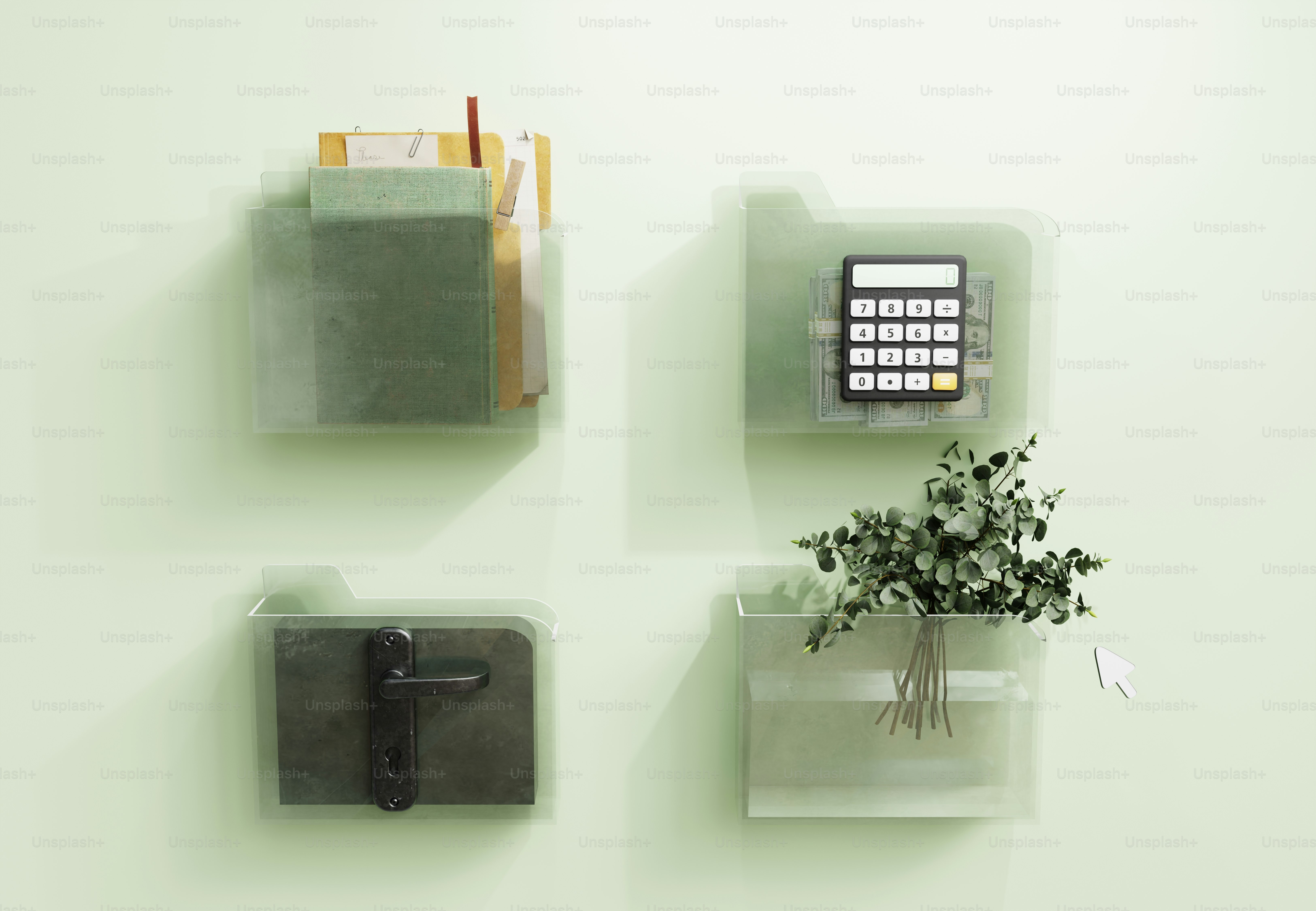 Four translucent wall pockets holding books, a calculator with money, a door handle, and eucalyptus