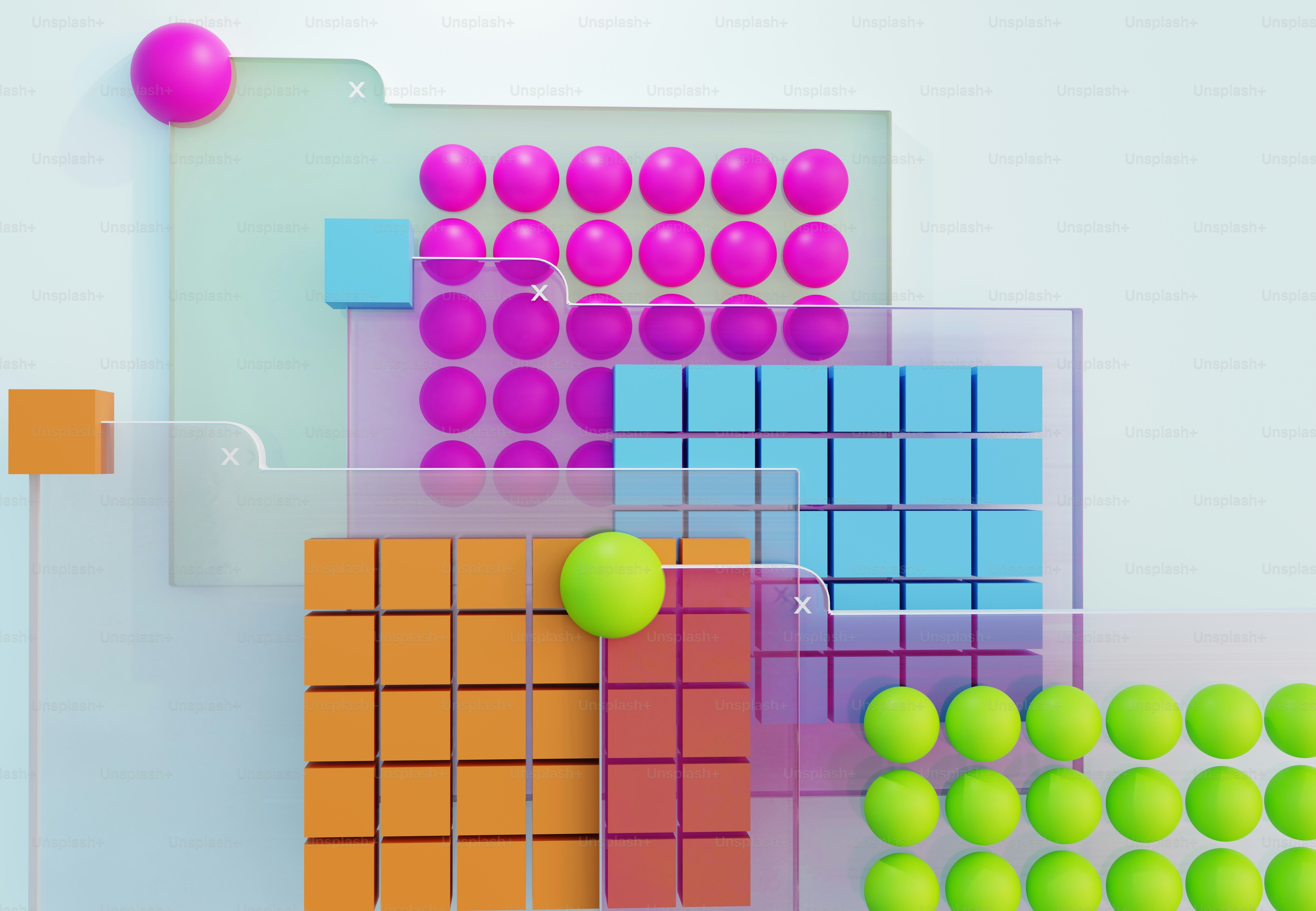 Colorful spheres and cubes arranged in grids behind translucent glass panels