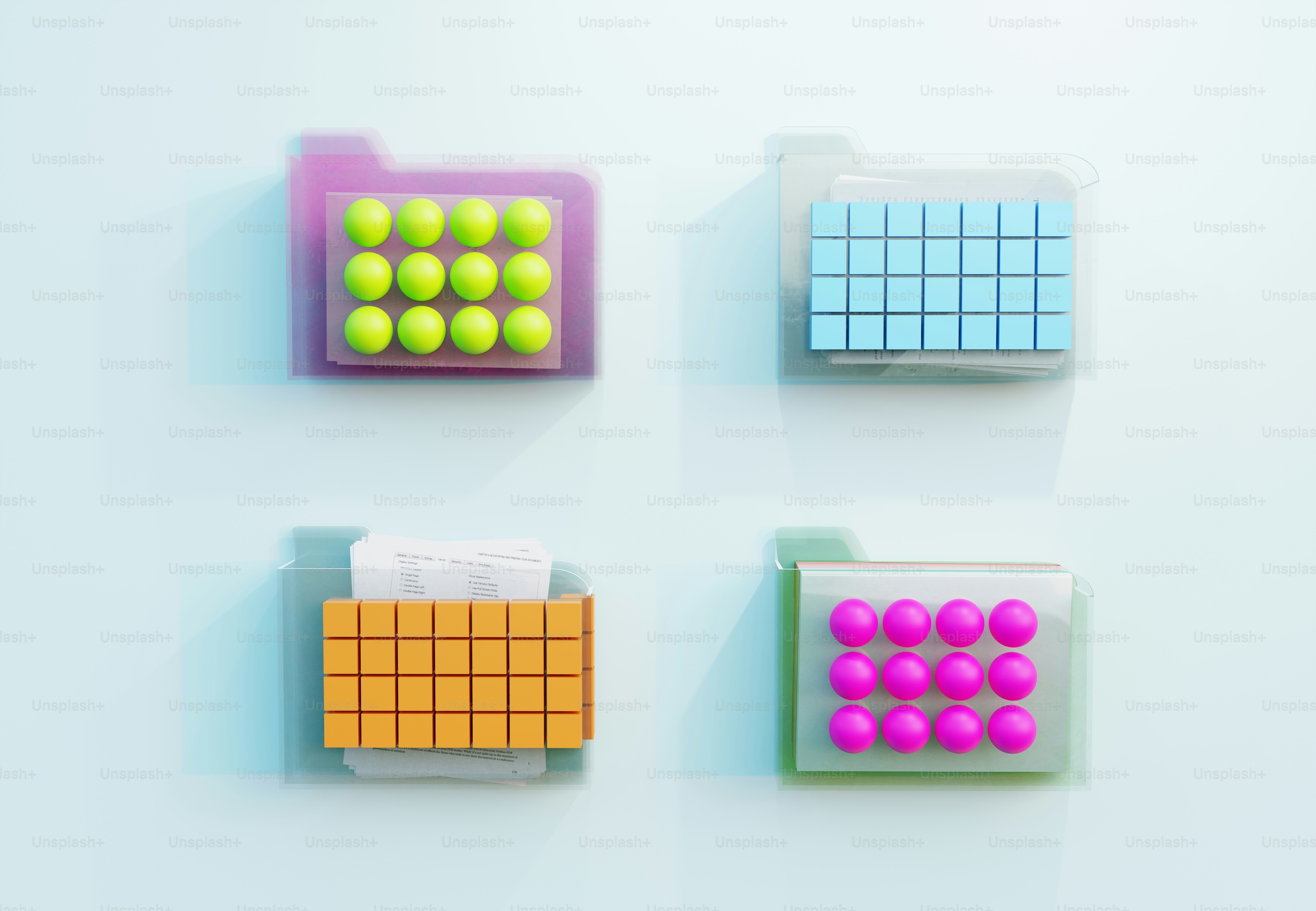 Four transparent file folders containing various geometric shapes on a light blue background