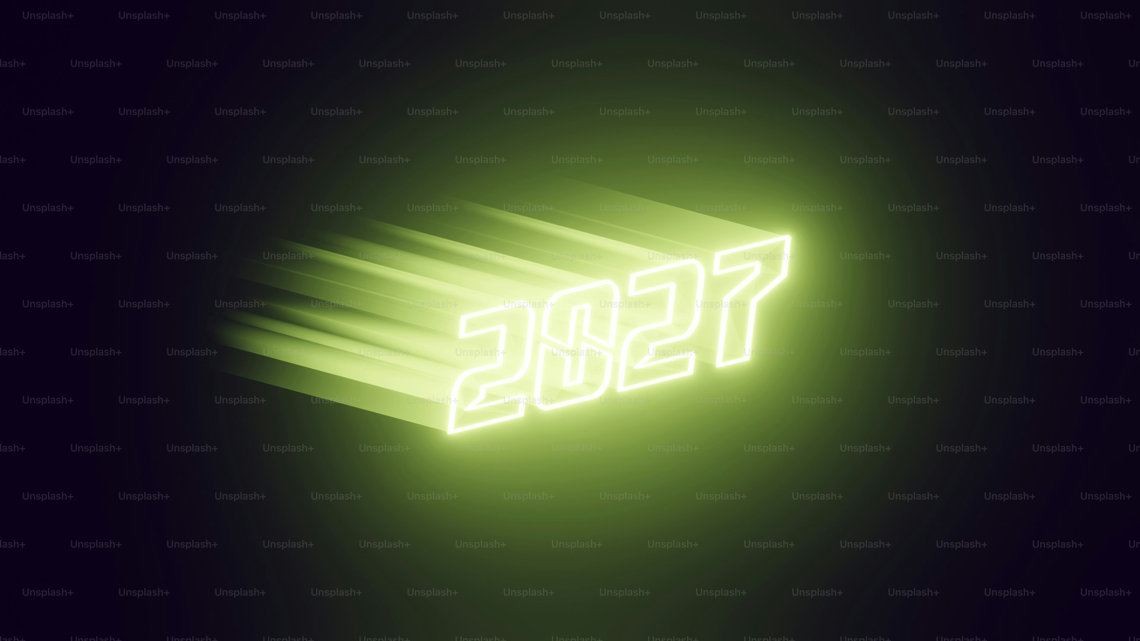 El número 2027 en neón verde lima brillante con efecto de desenfoque de movimiento