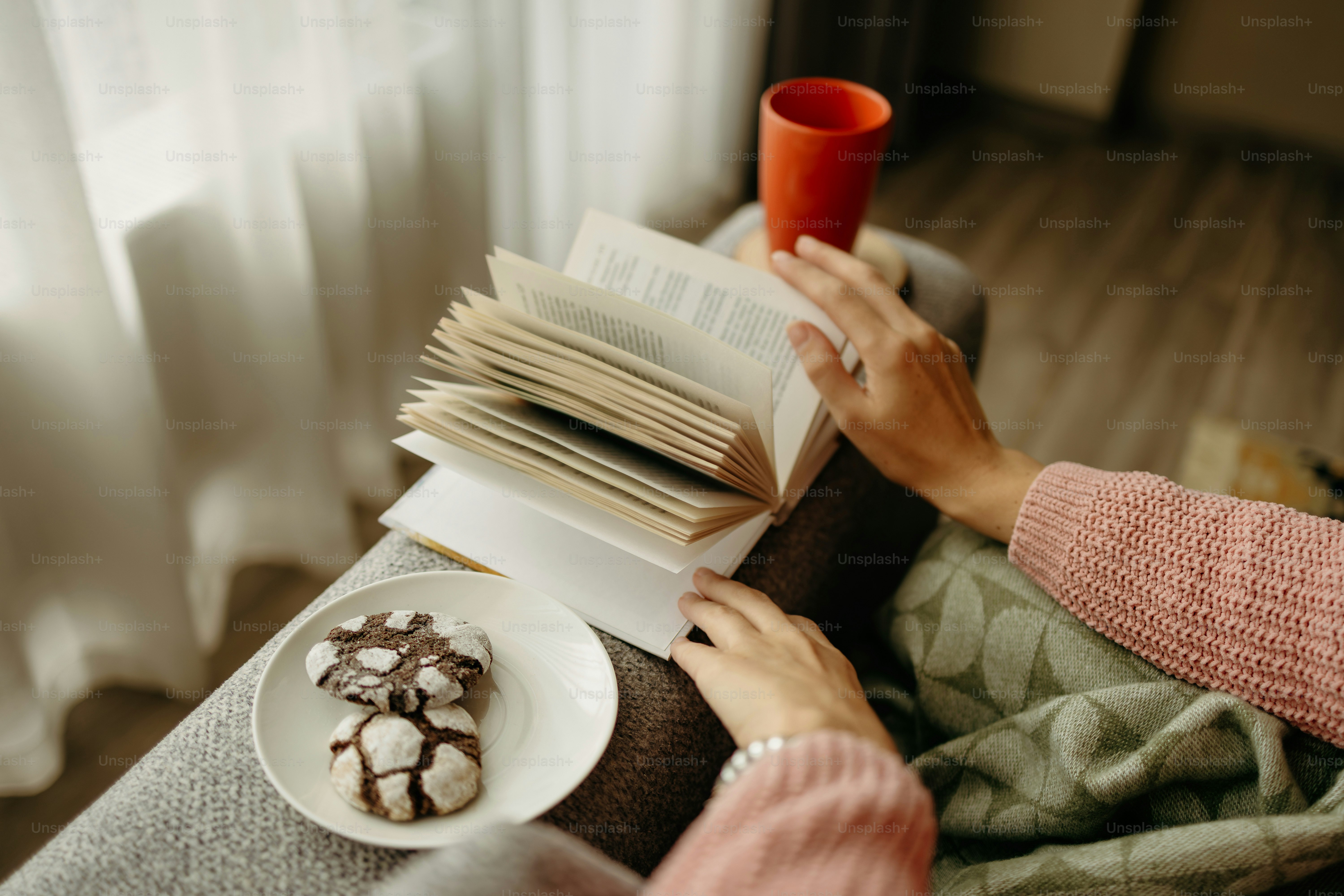 A person in a pink sweater reading a book with cookies on a plate