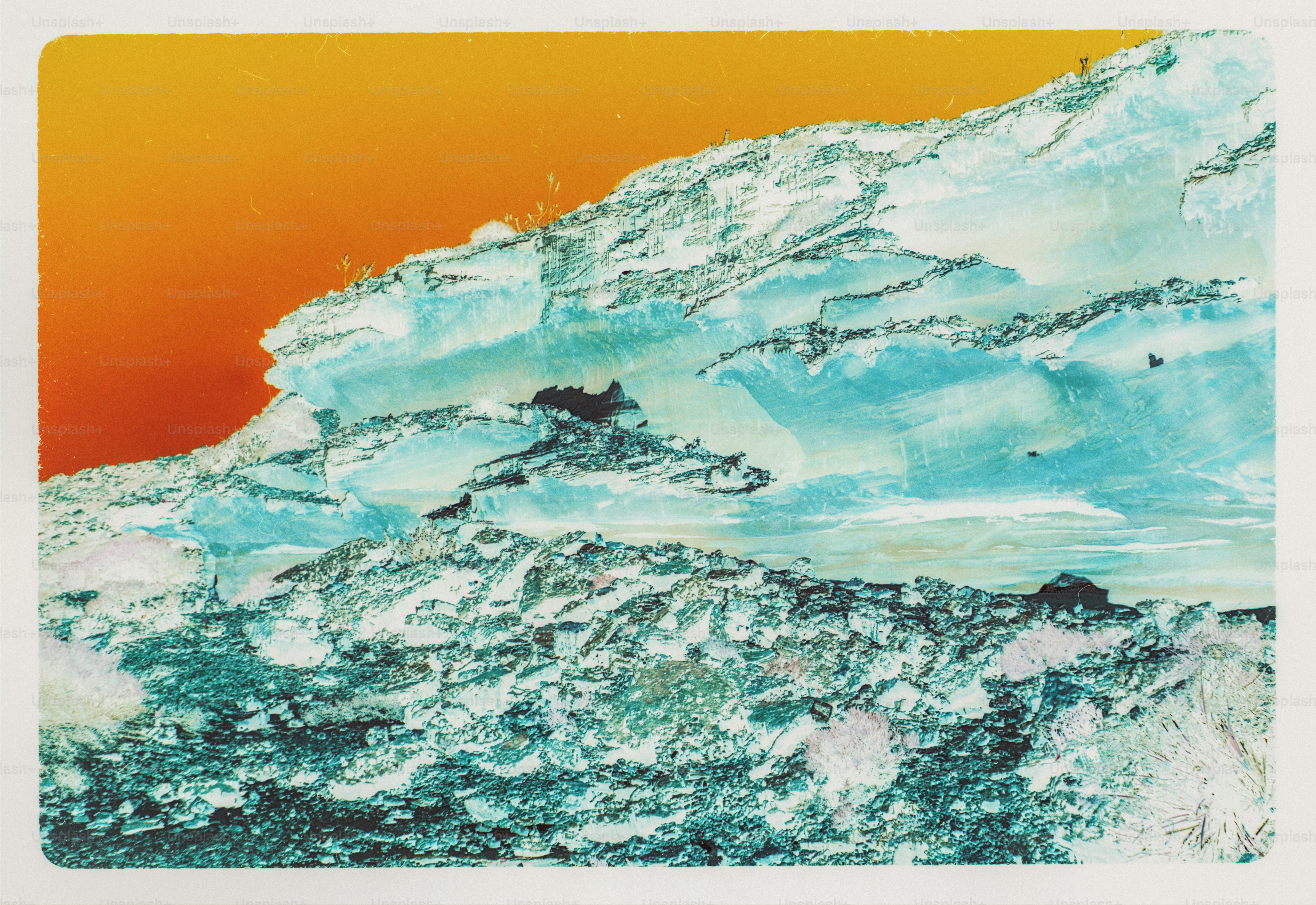 A rocky landscape with blue textures against a vibrant orange sky