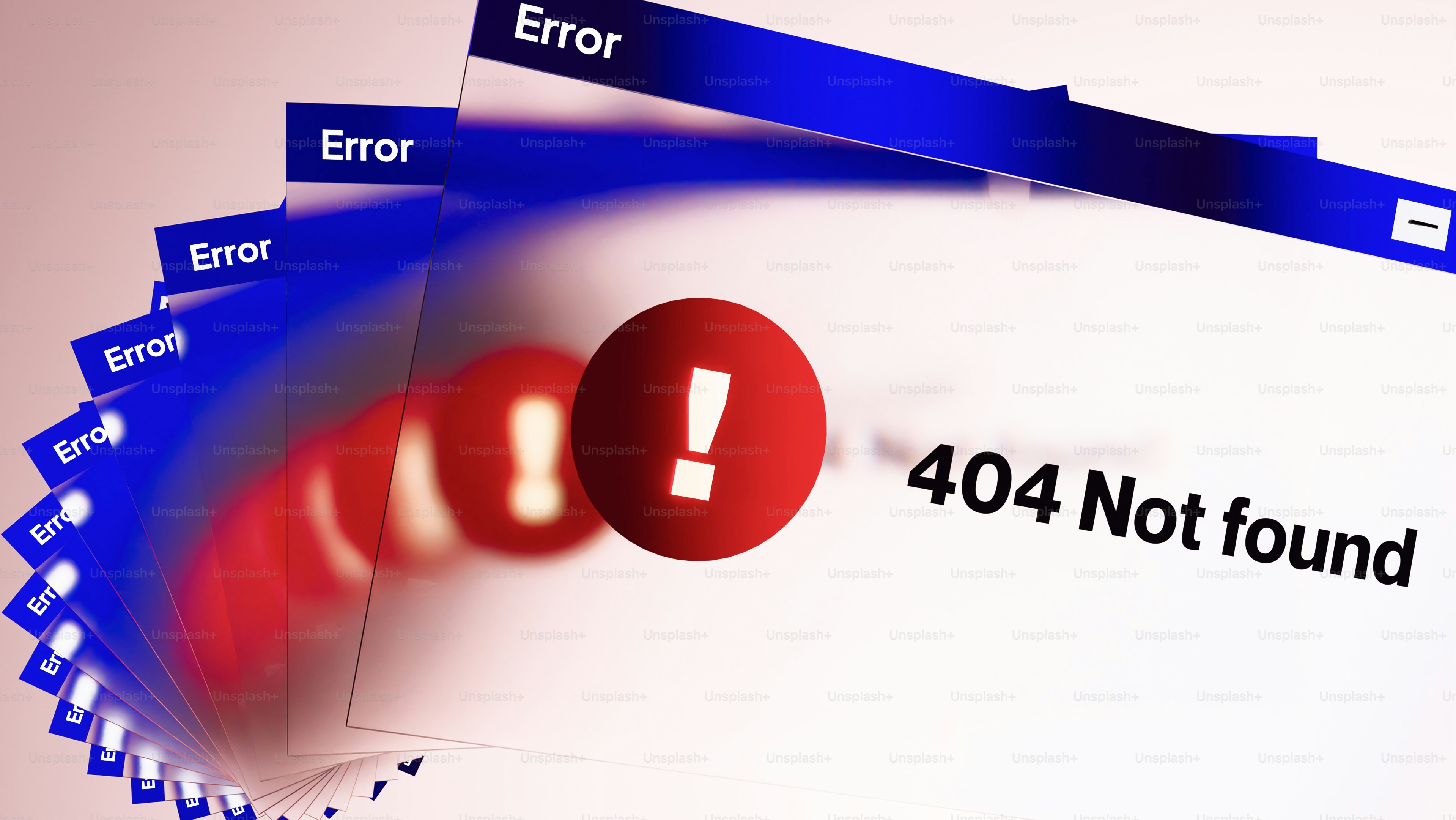 Ventanas superpuestas del navegador mostrando 404 texto No encontrado y un icono de advertencia rojo