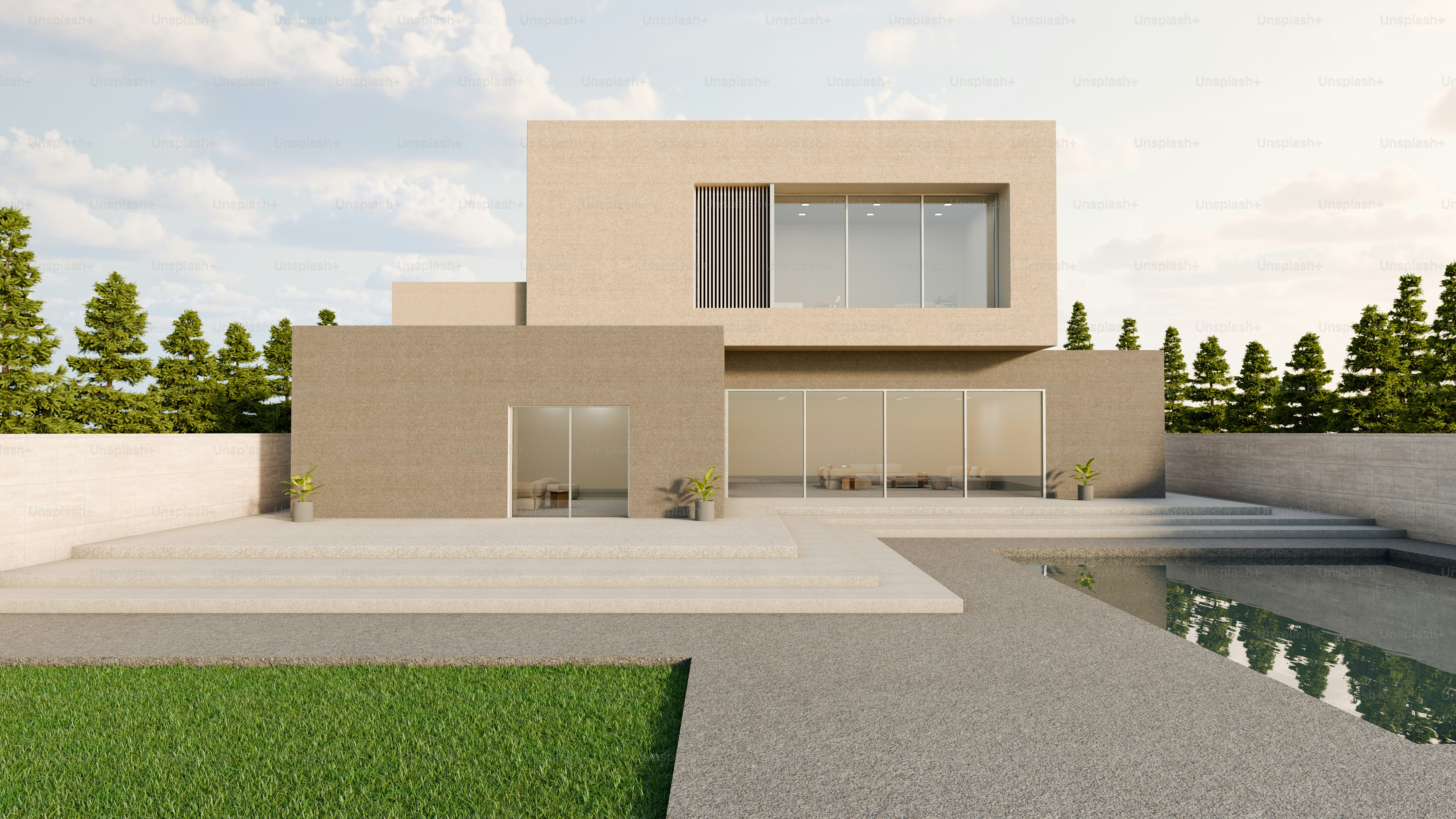 Une maison moderne à deux étages avec de grandes fenêtres vitrées et une piscine