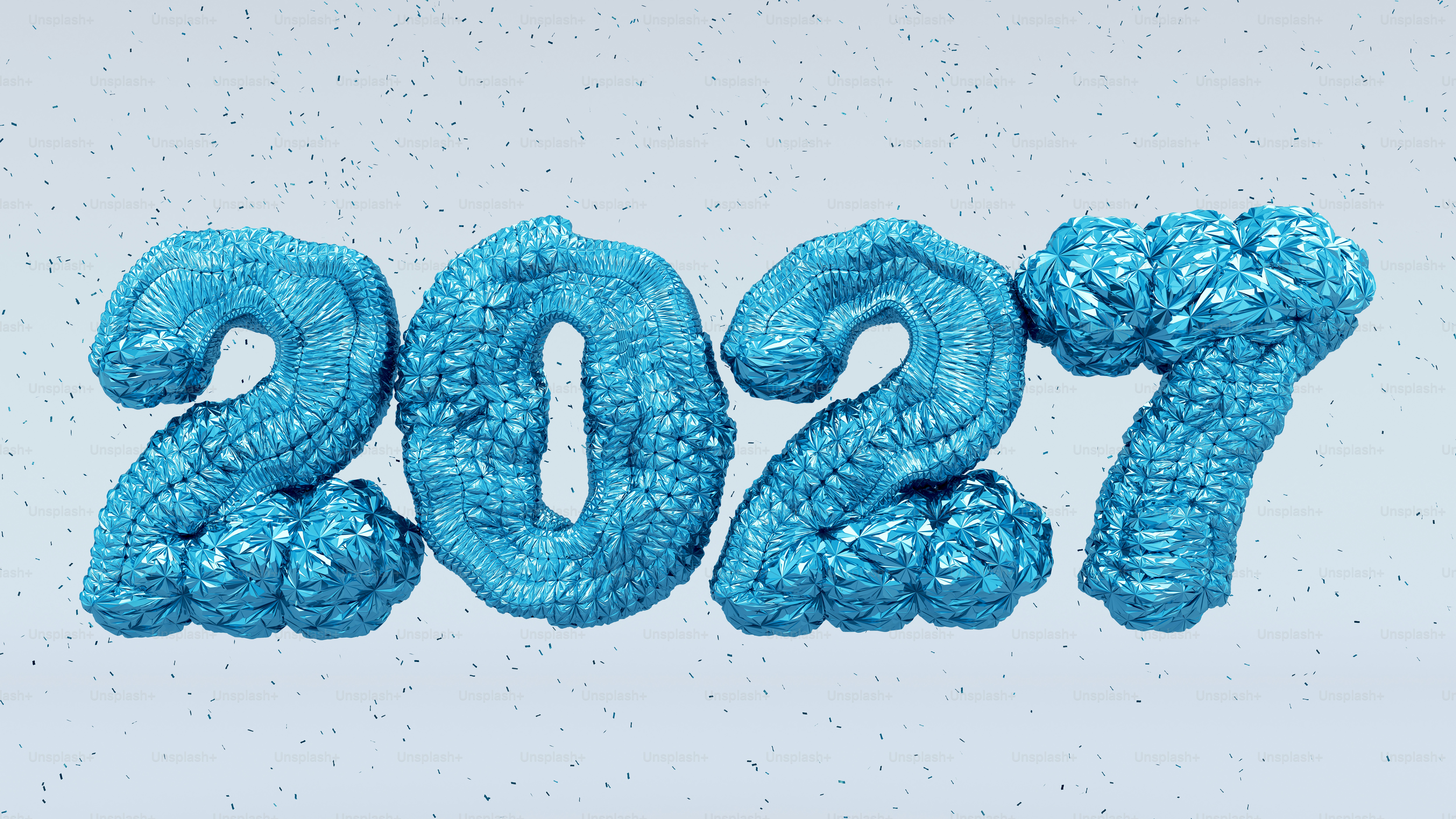 Blue geometric low poly numbers 2027 with scattered confetti on a light background