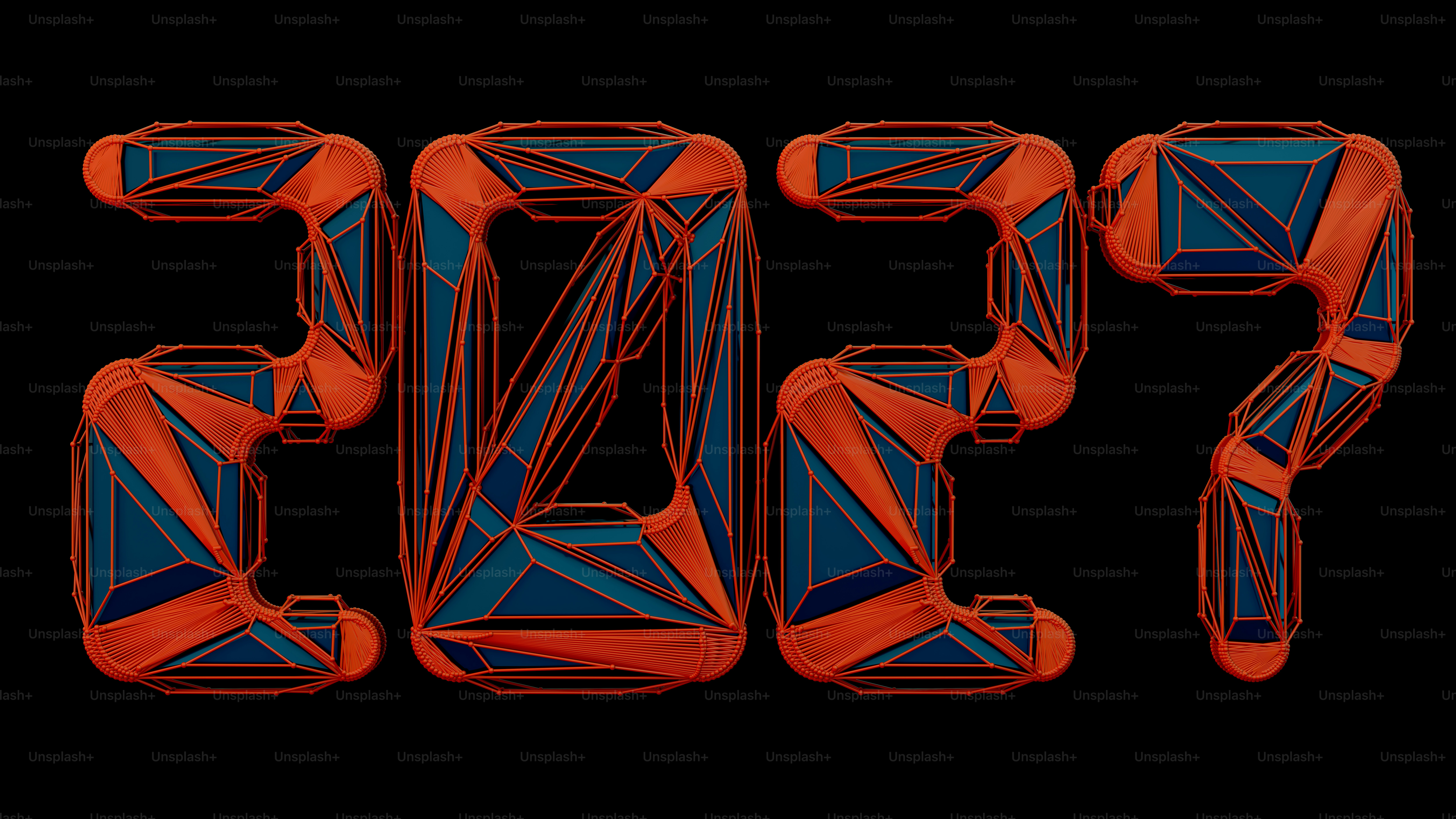 3D Low Poly Geometric 2027 Orange Blue Wireframe on Black