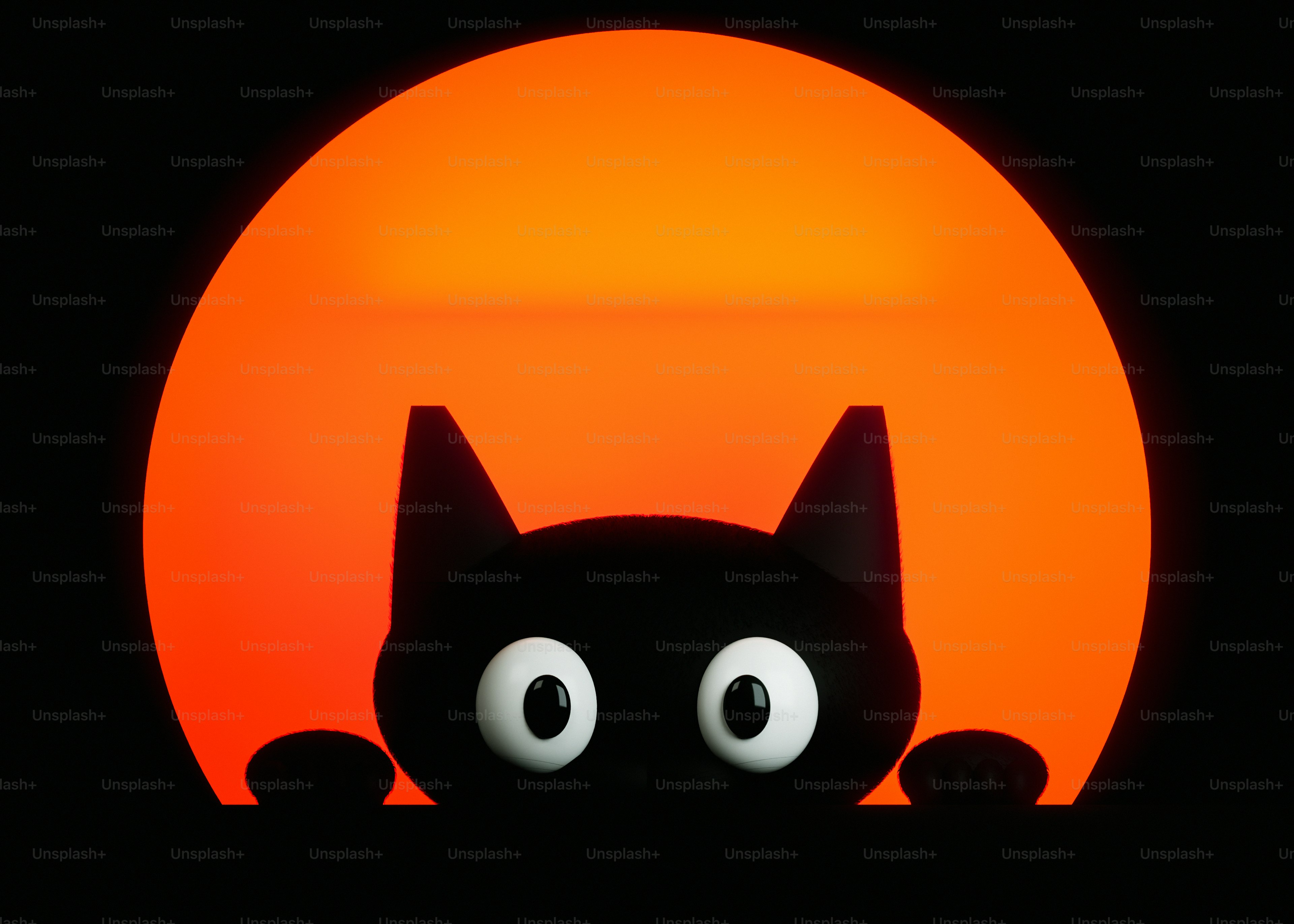 Eine schwarze Katzensilhouette mit großen weißen Augen vor einem leuchtend orangefarbenen Kreis