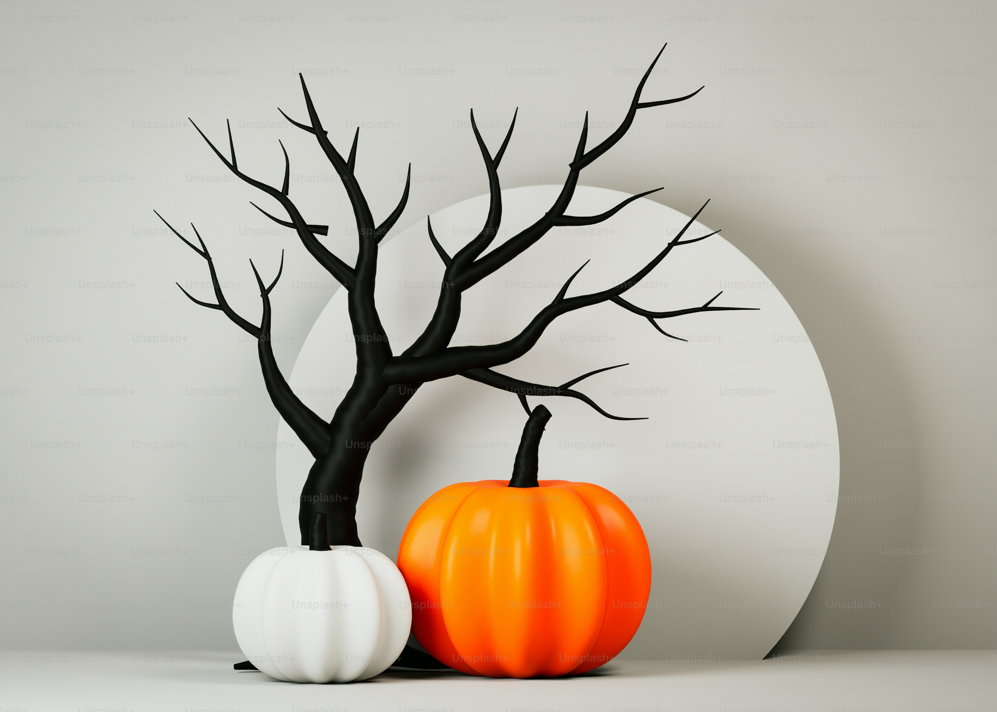 Ein schwarzer, blattloser Baum neben einem orangefarbenen Kürbis und einem weißen Kürbis