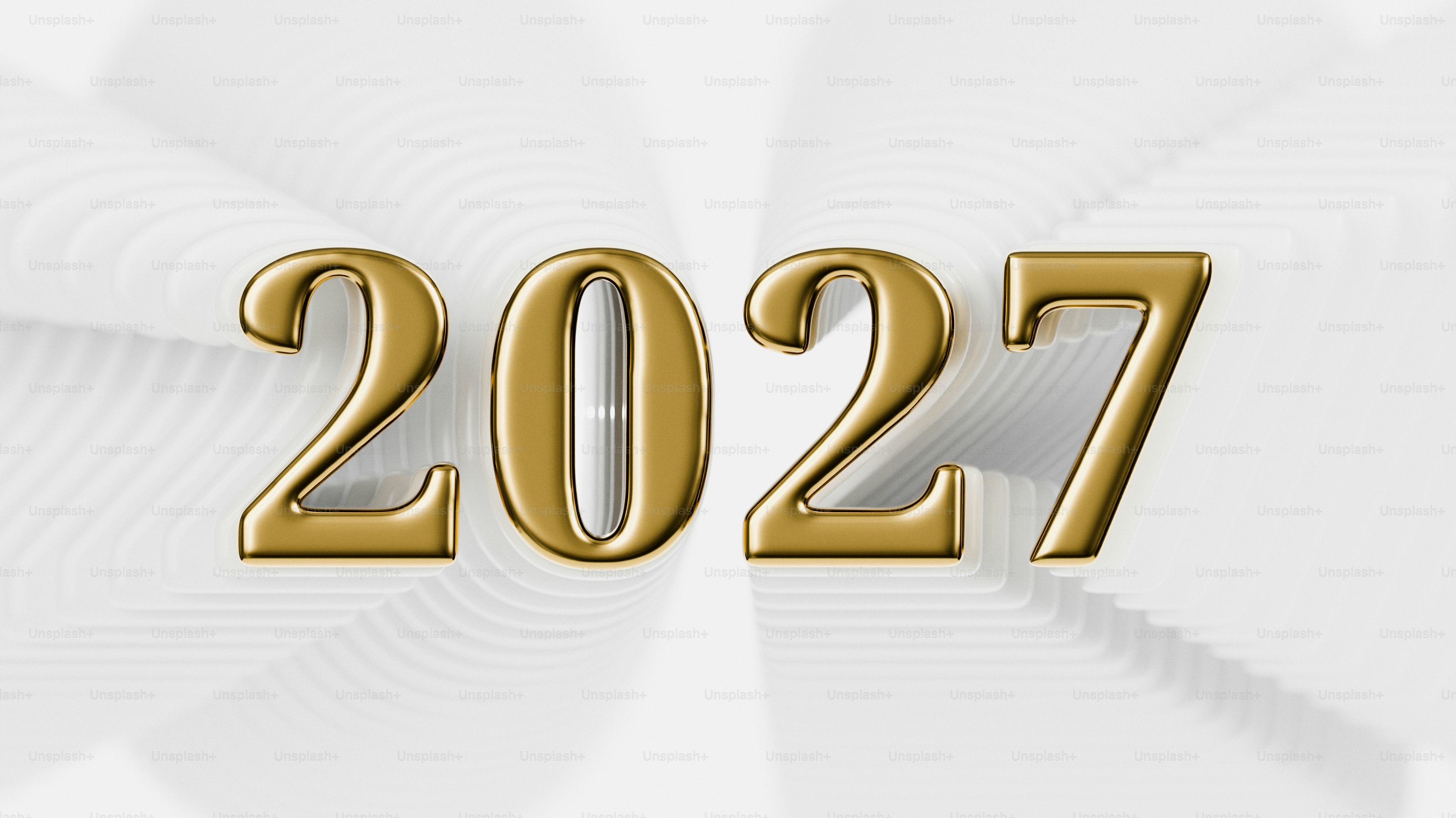 Gold 2027 numbers centered on a white background with soft layered waves