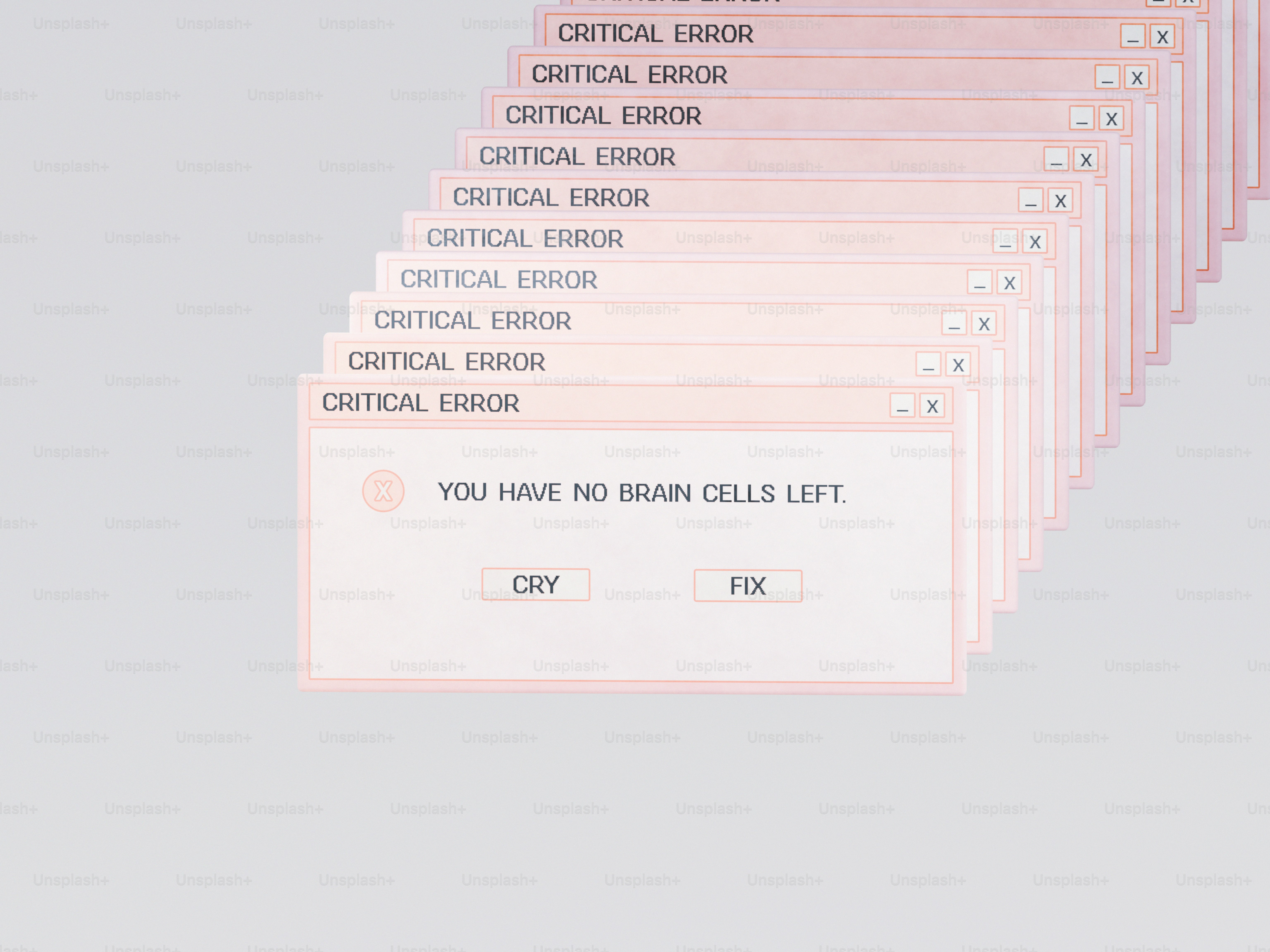 Ein Stapel kaskadierender Computerfehlerfenster mit dem Text CRITICAL ERROR und einer Nachricht