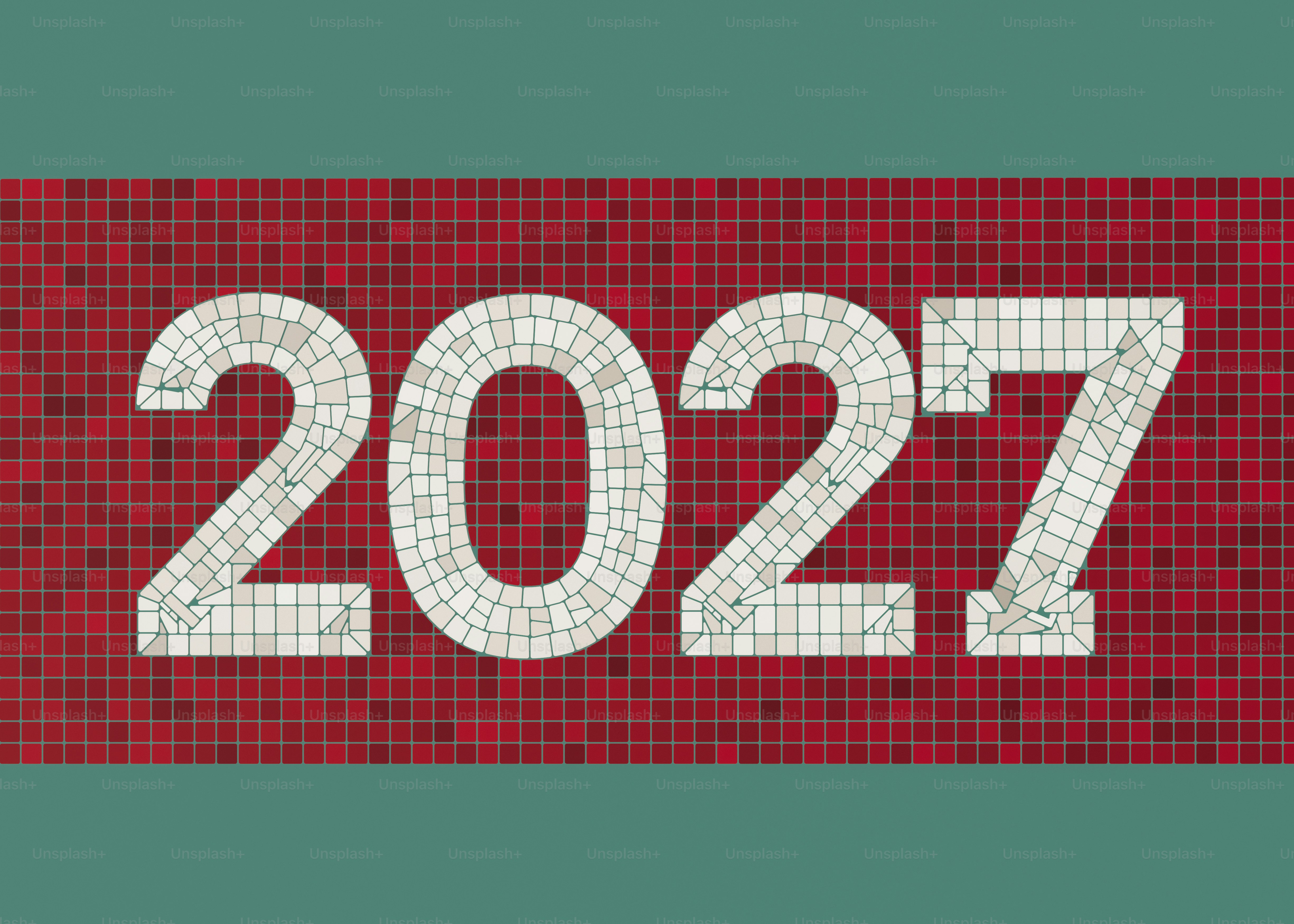 The number 2027 formed by white mosaic tiles against a red grid background