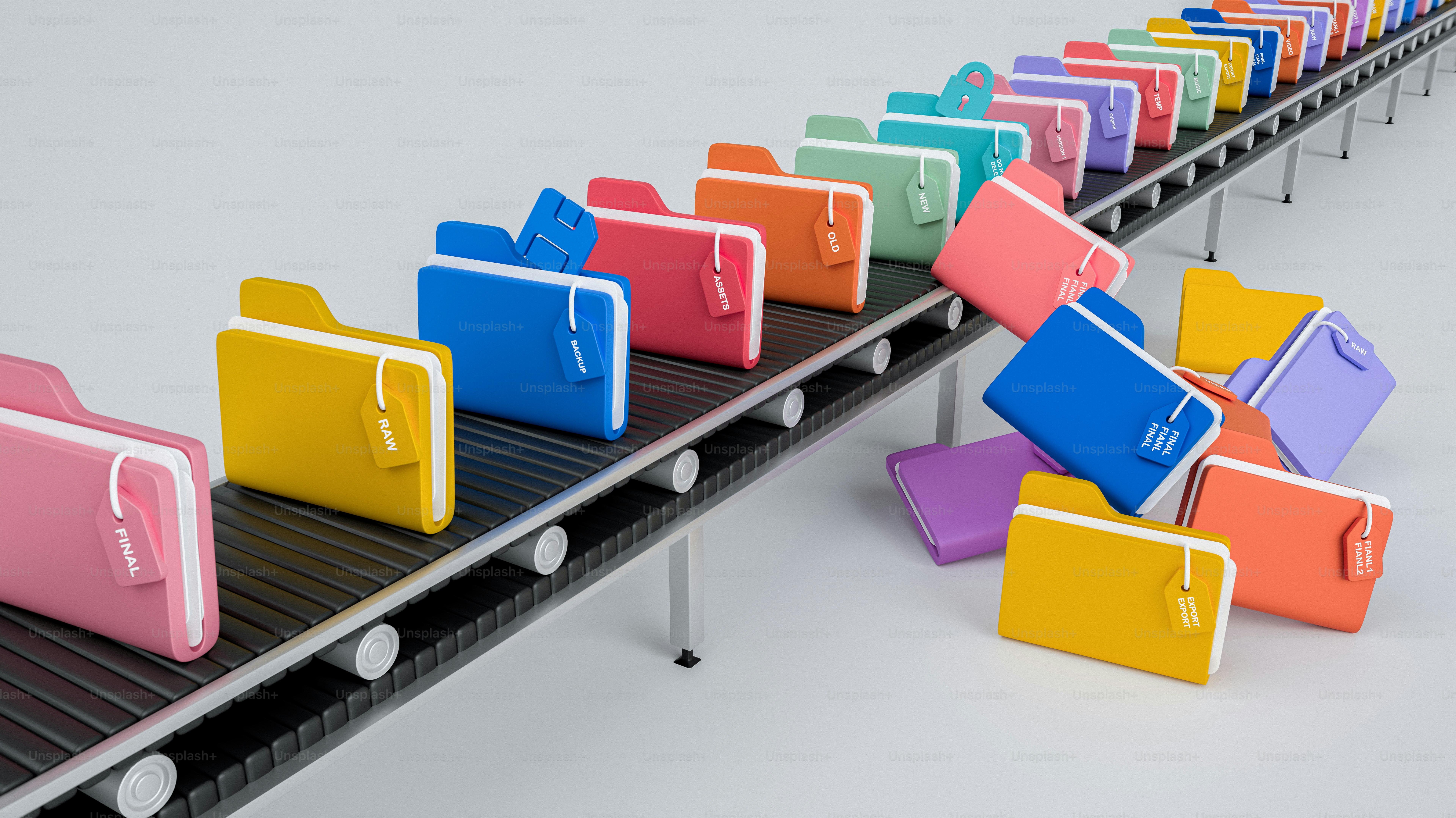 Colorful file folders with tags moving along a conveyor belt in a factory