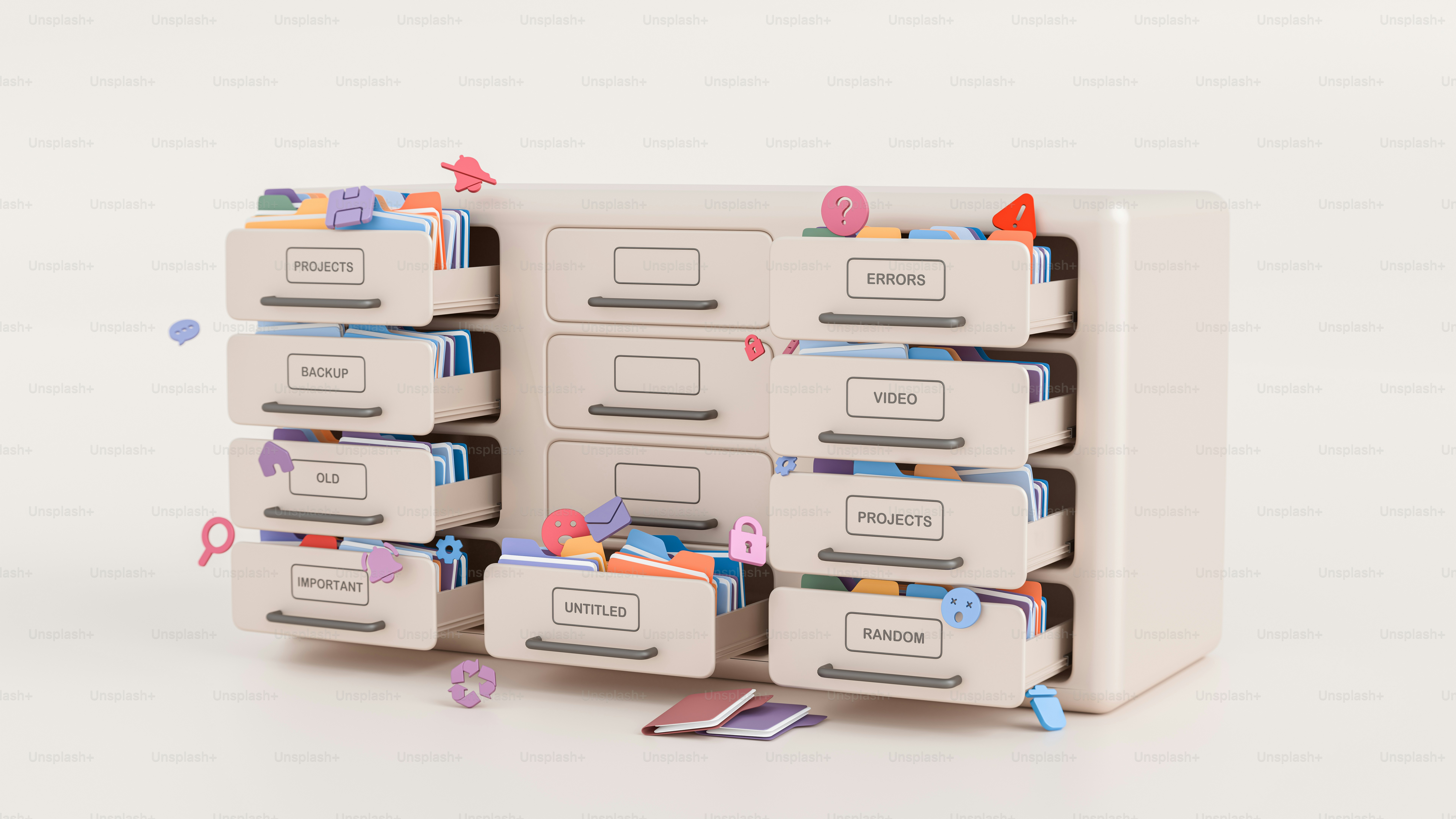 A beige filing cabinet with open drawers containing colorful folders and floating digital icons
