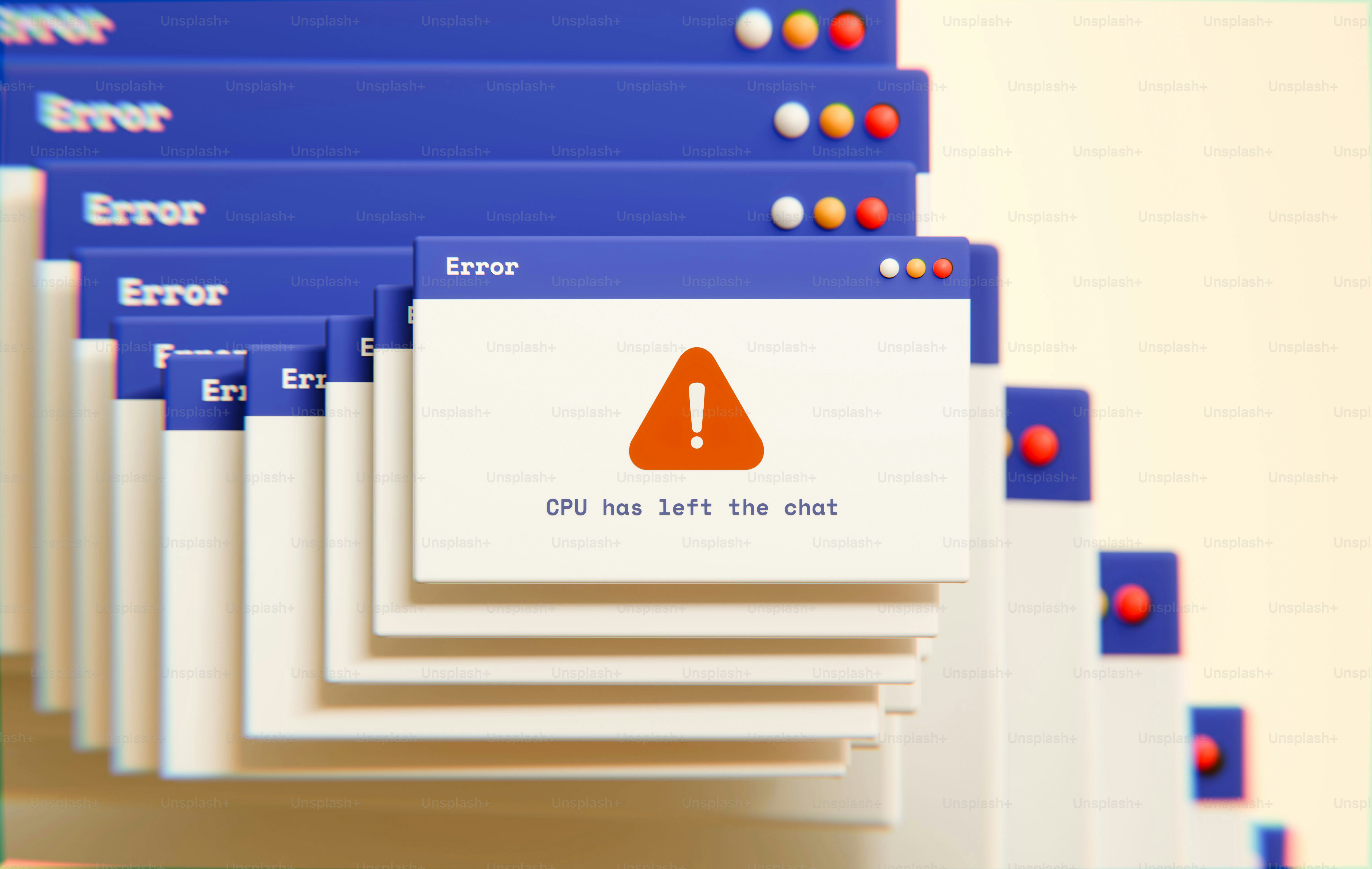 Multiple stacked computer error windows with an orange warning icon and text