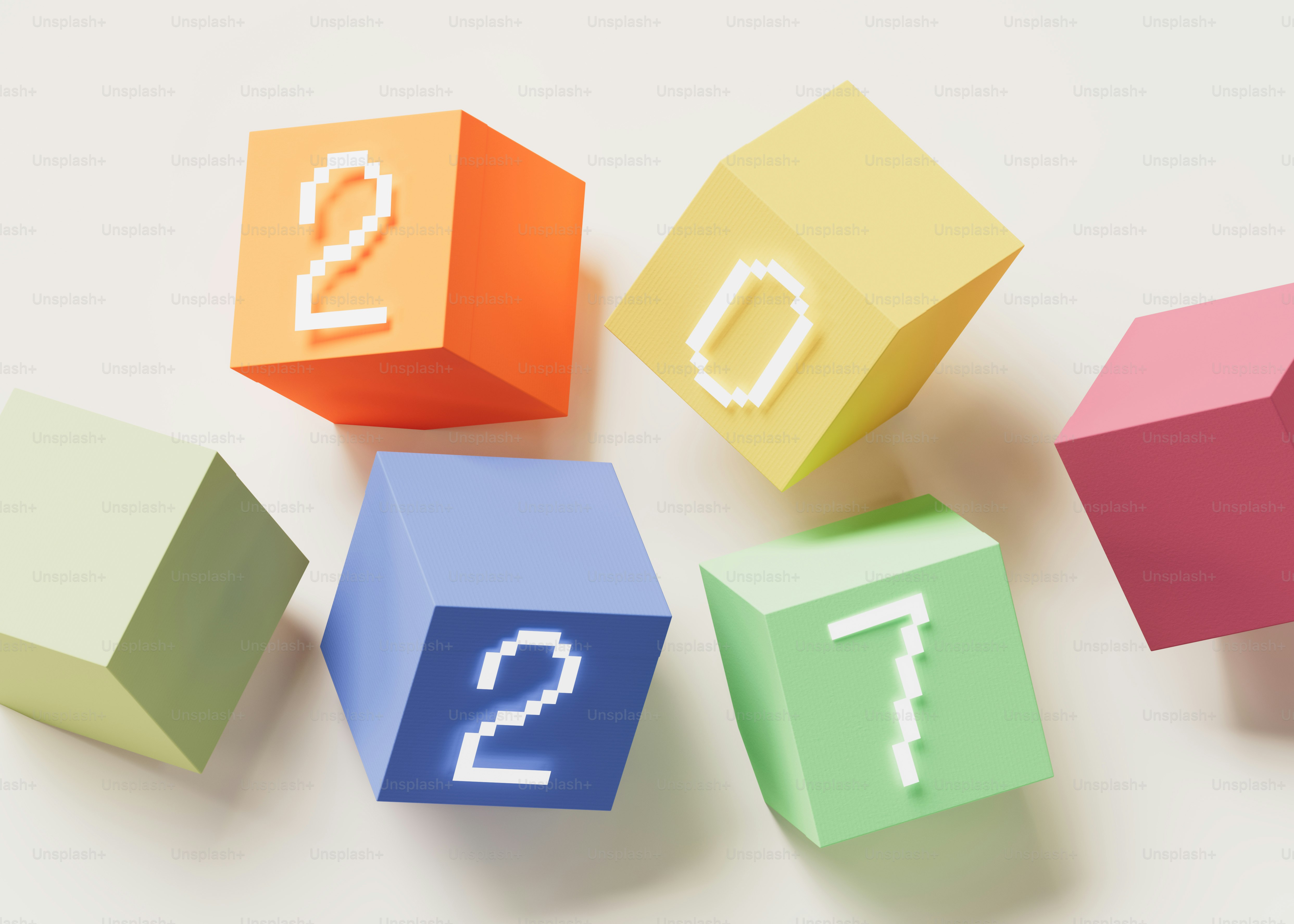 Floating colorful cubes with pixelated numbers on a light background