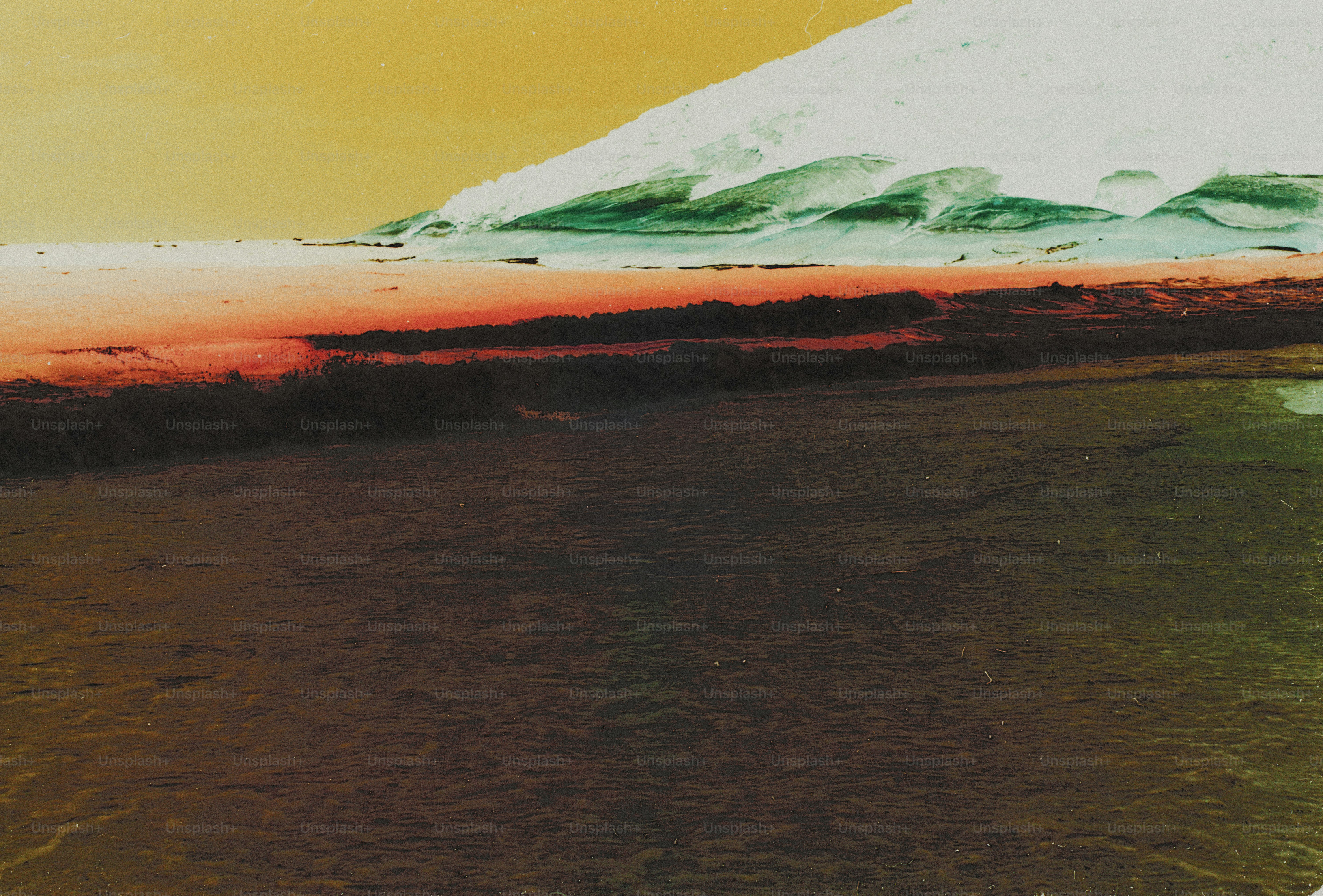 A dark landscape with a green hill under a yellow and white sky