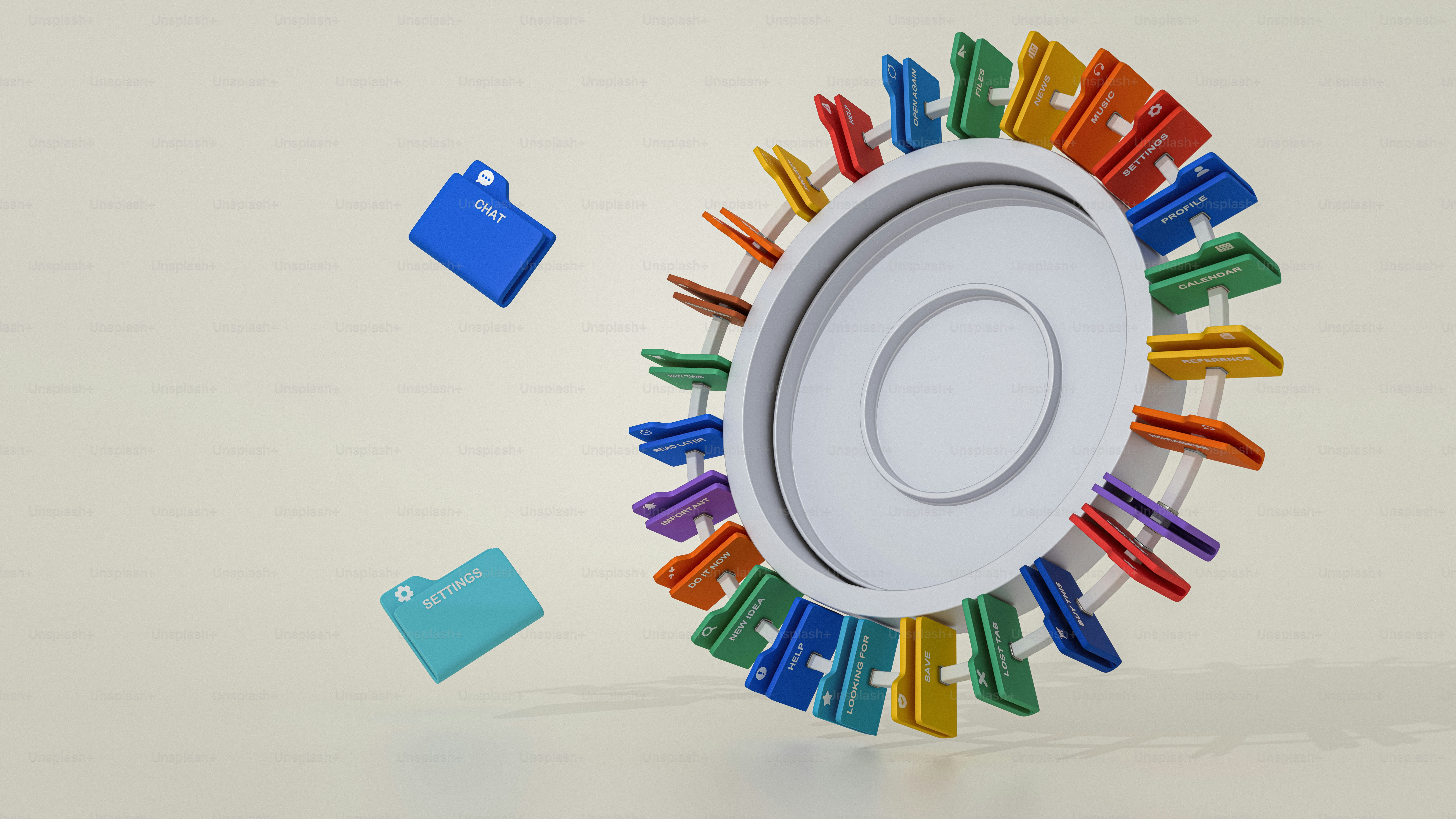 A circular rack of colorful digital folders with two floating folders nearby