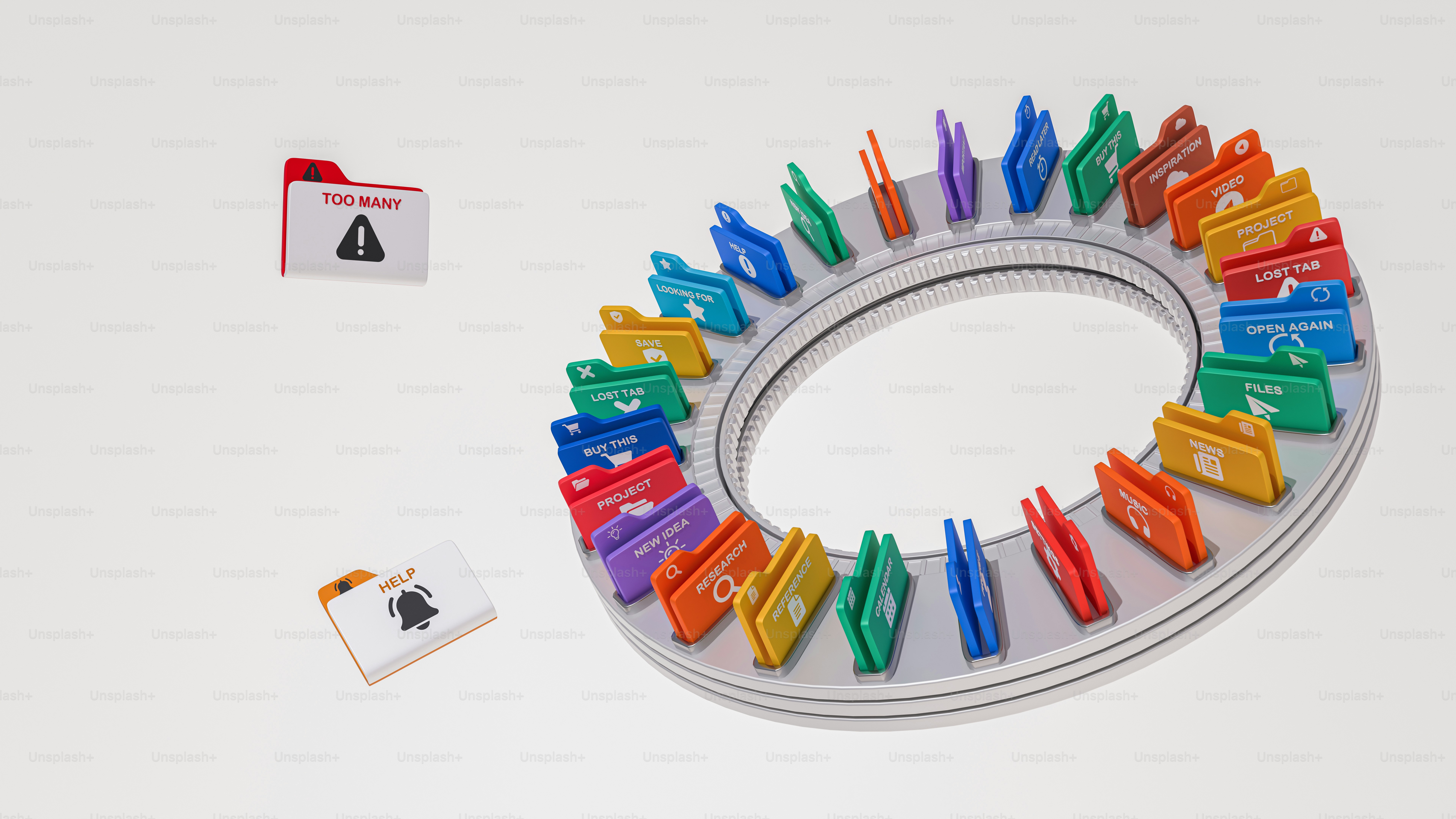 A circular carousel of colorful digital file folders with icons on a white background