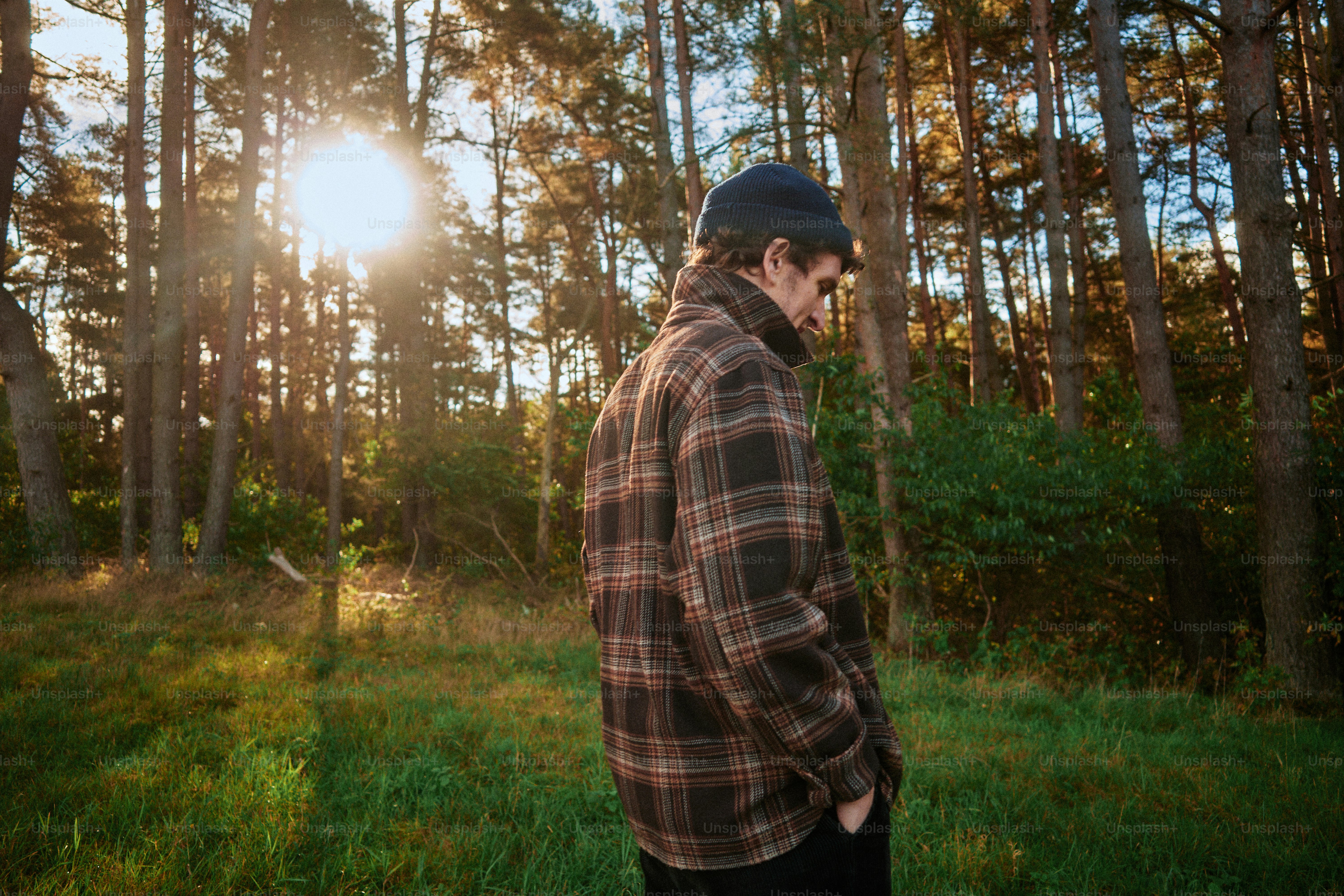 A person in a plaid shirt and beanie standing in a sunlit forest