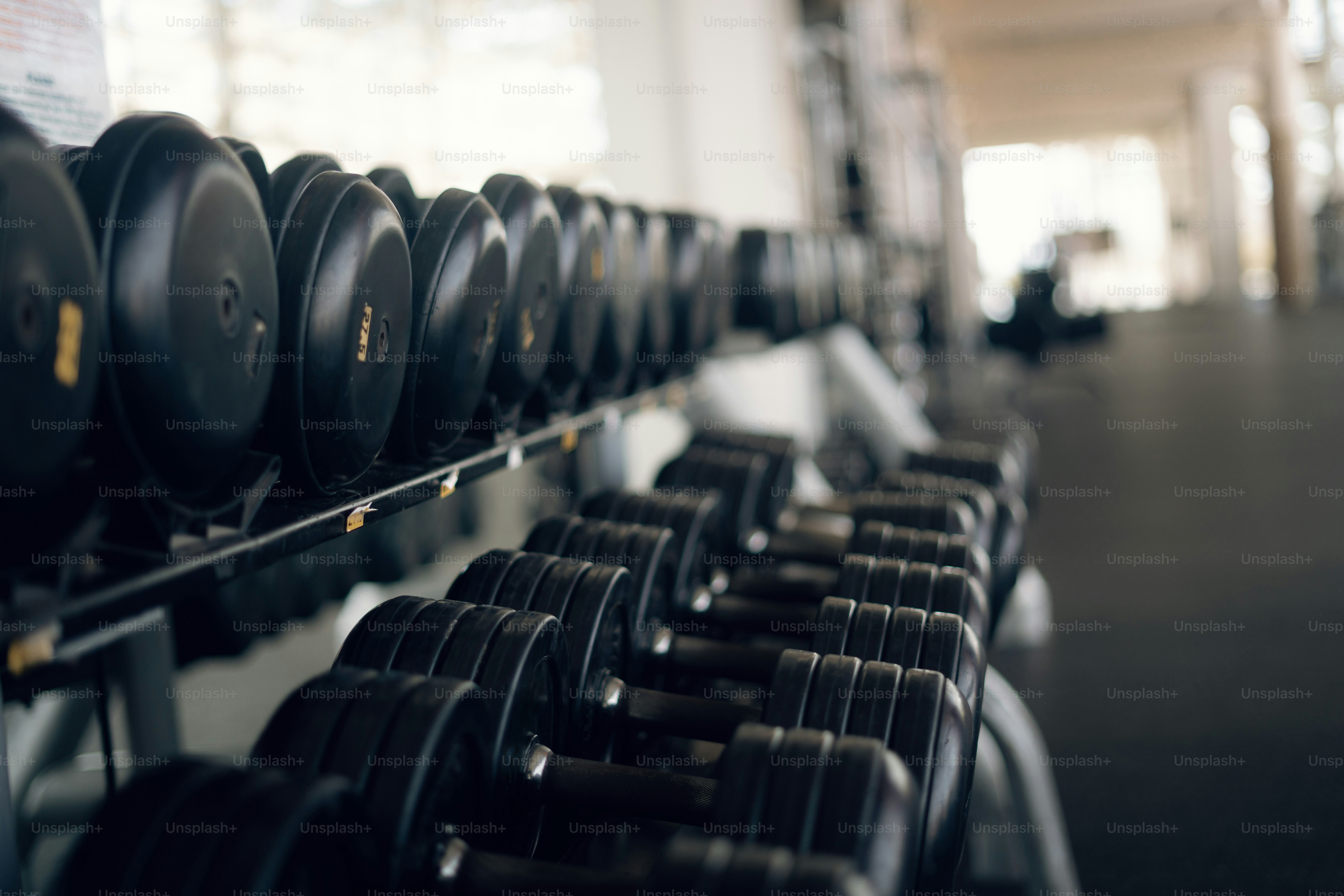 Rows of black dumbbells on a metal rack in a gym