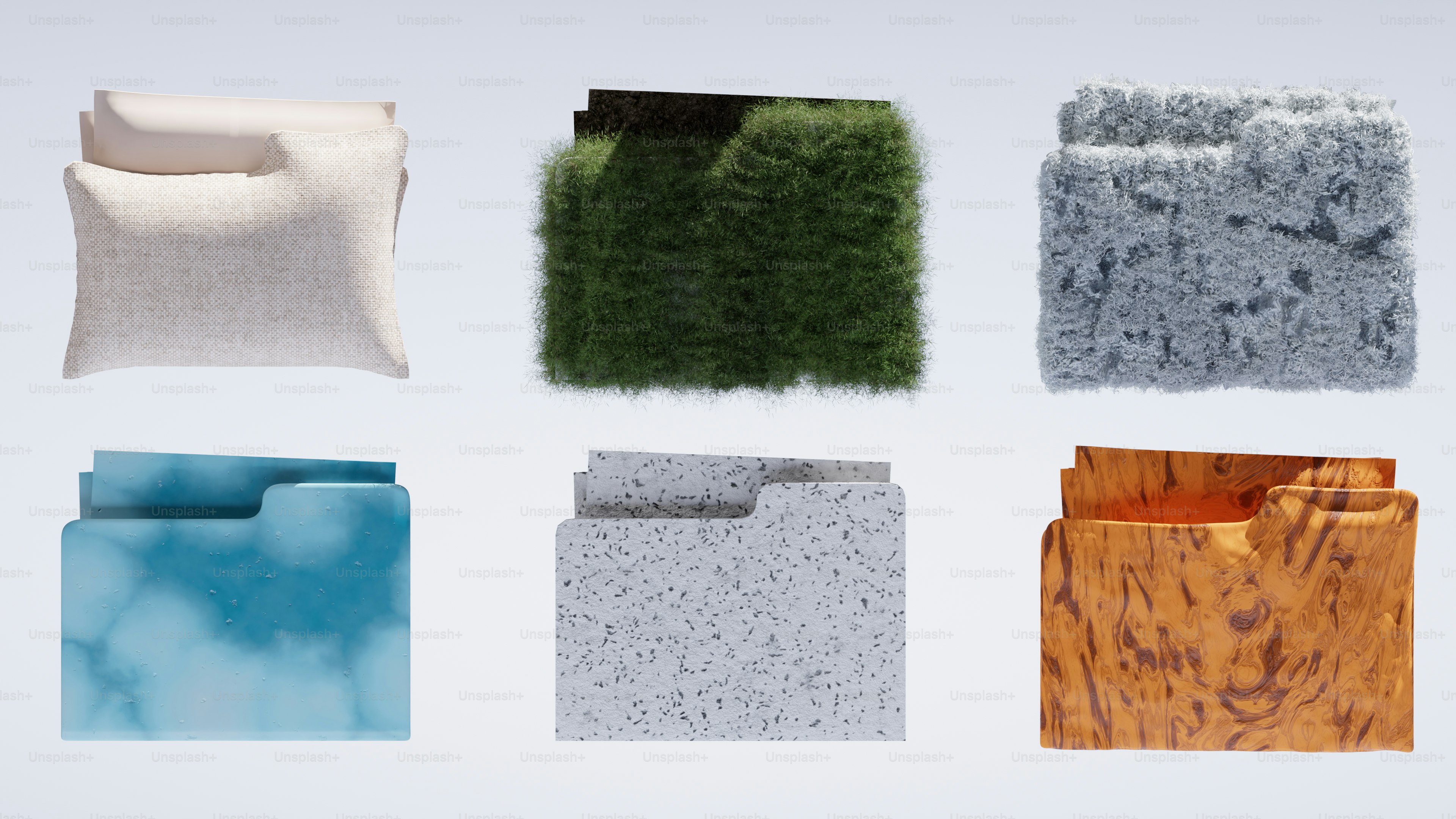Seis pastas abstratas em uma grade com texturas de tecido, grama, pelo, azul, manchas e madeira