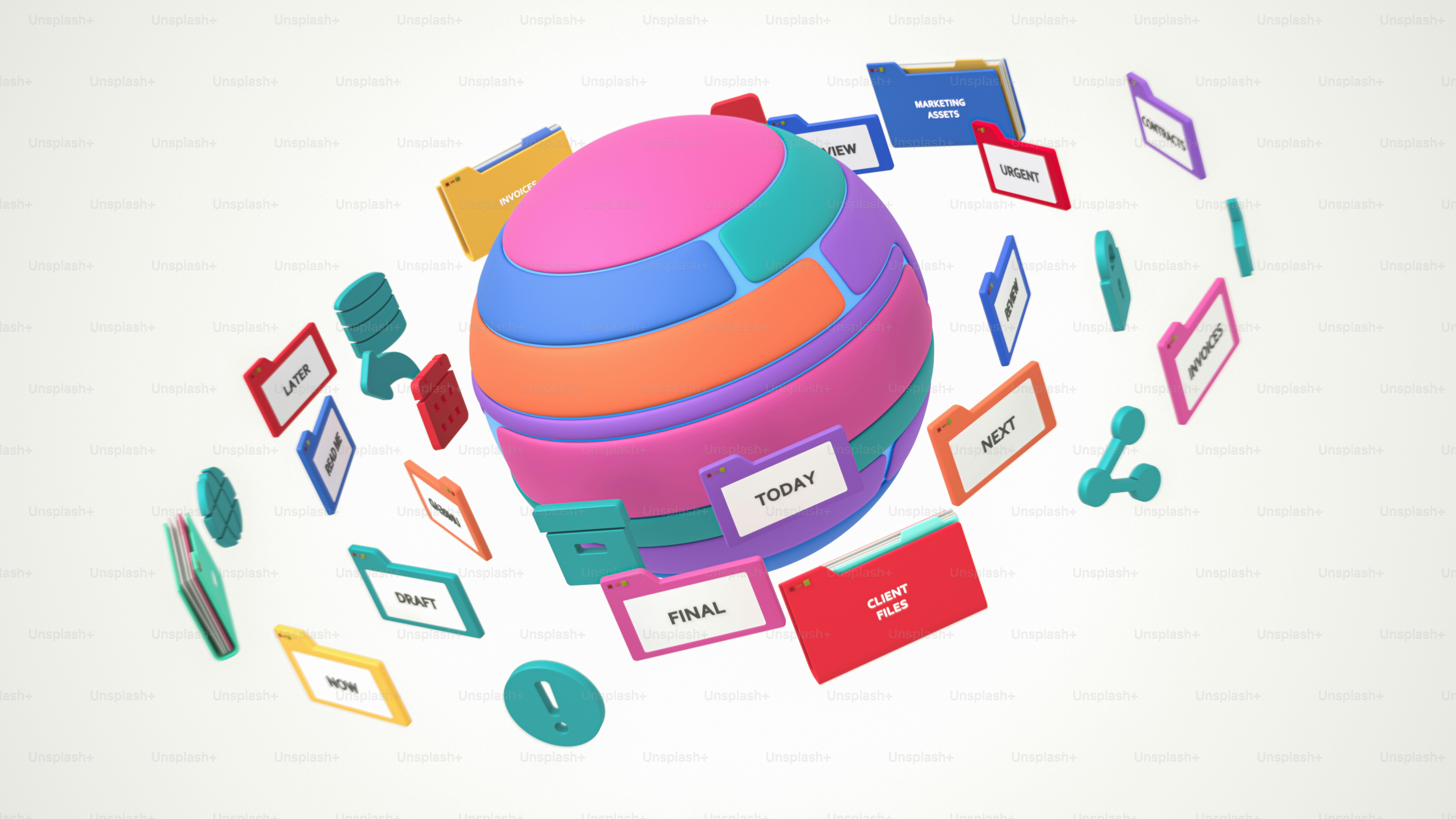 A colorful segmented sphere surrounded by floating digital folders and icons on white