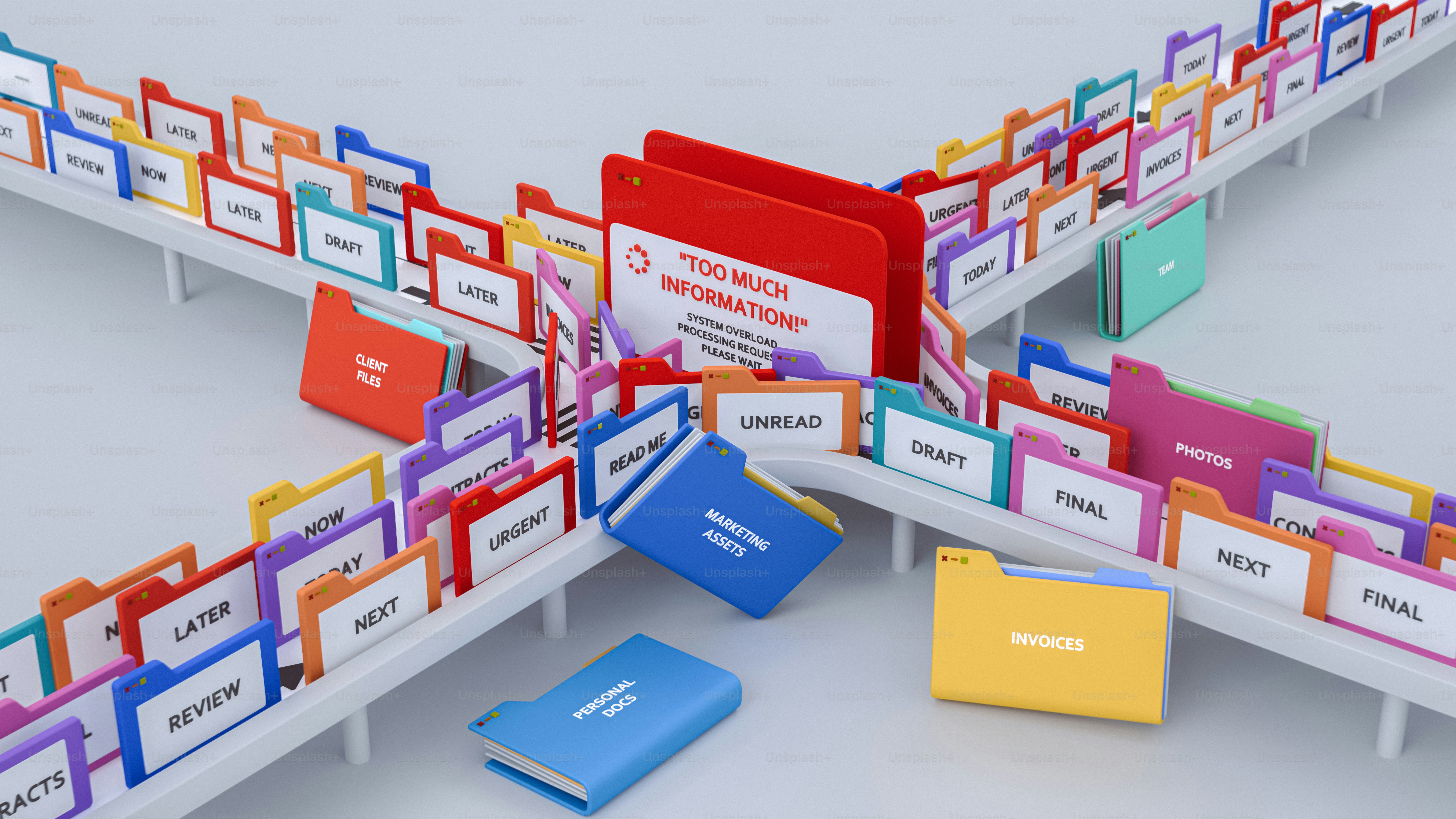 A large red folder labeled "TOO MUCH INFORMATION" surrounded by many colorful office file folders