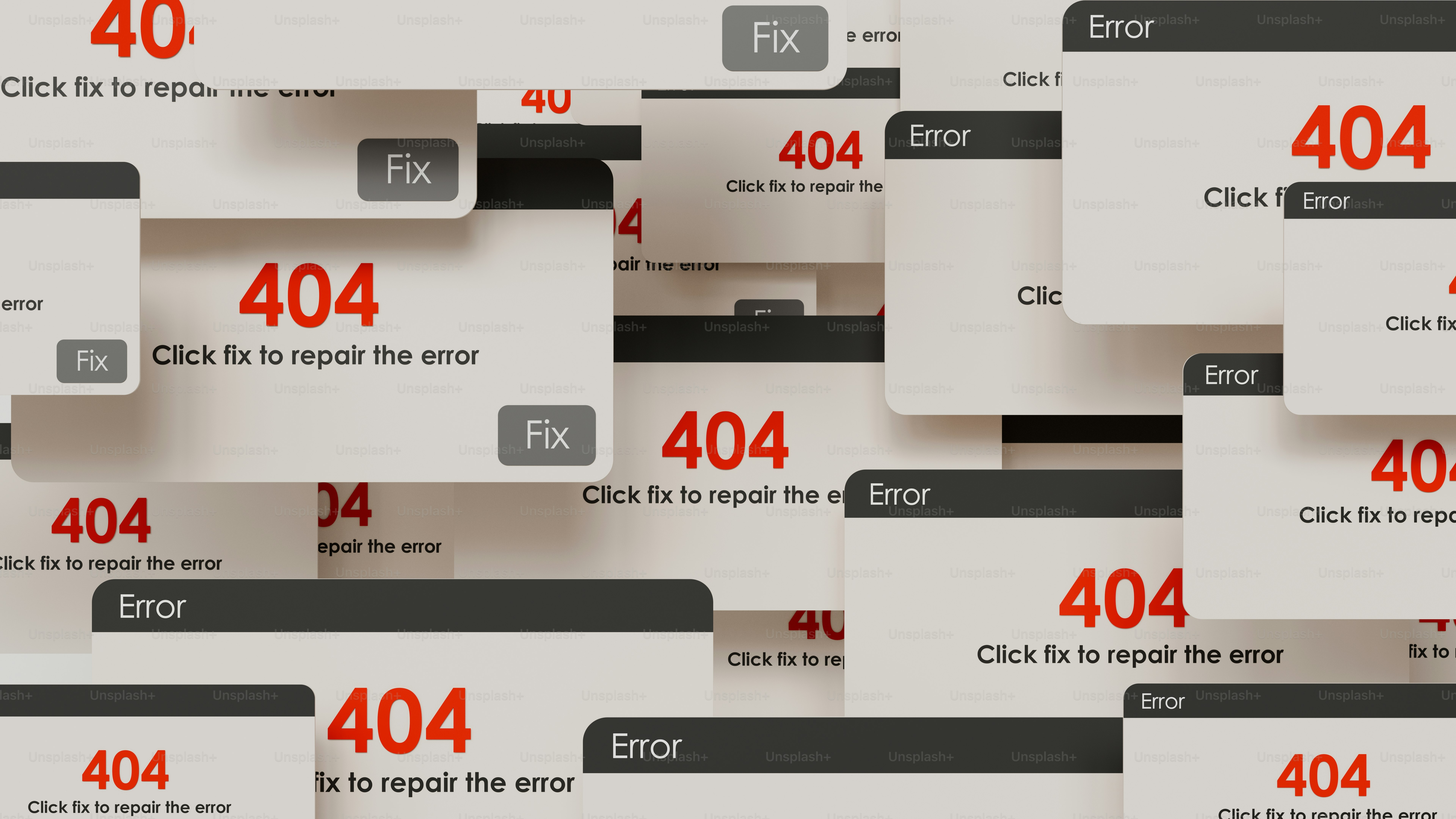 Overlapping digital windows displaying 404 error messages with a fix button