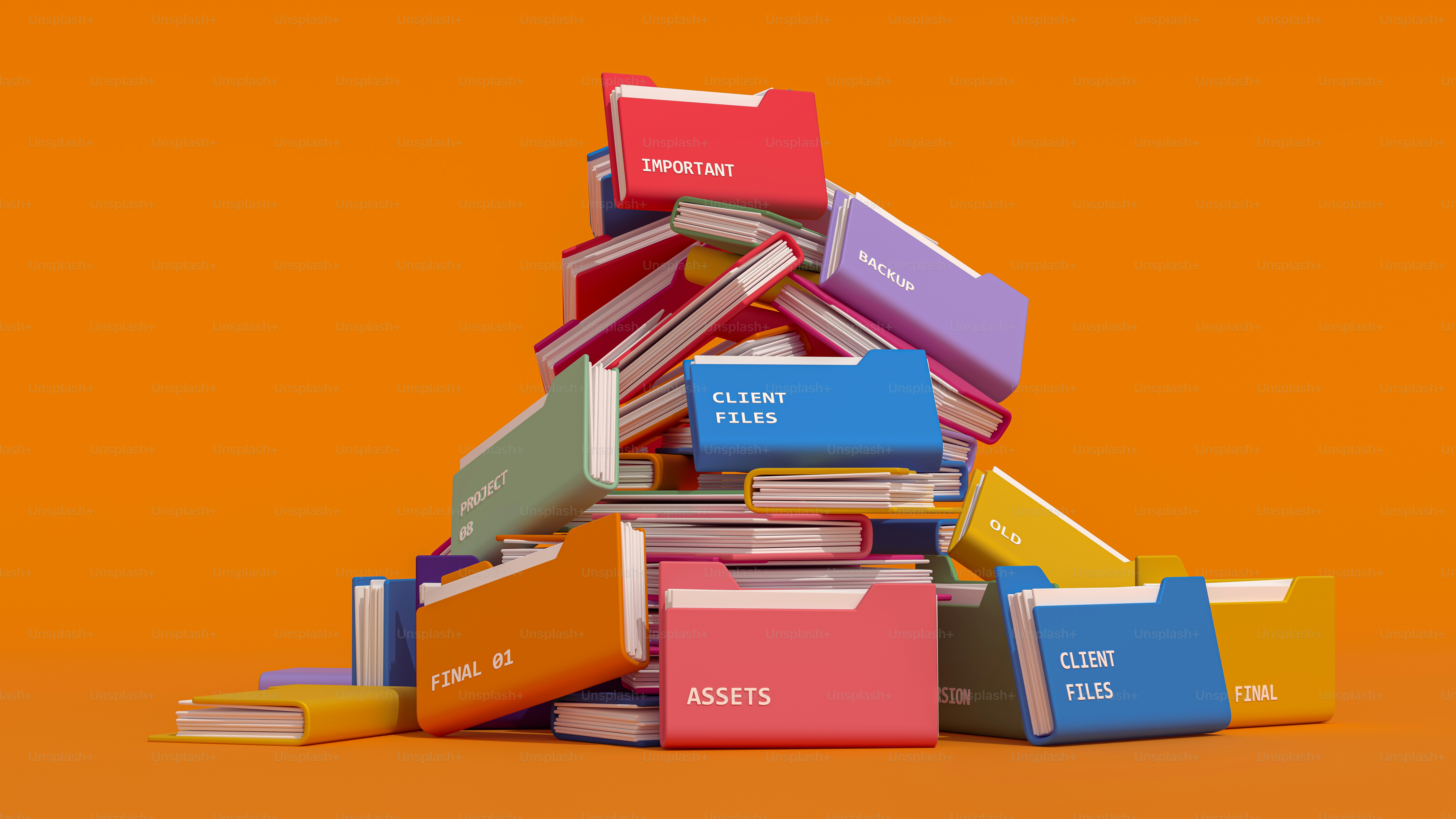 A large pile of colorful file folders labeled with text on an orange background