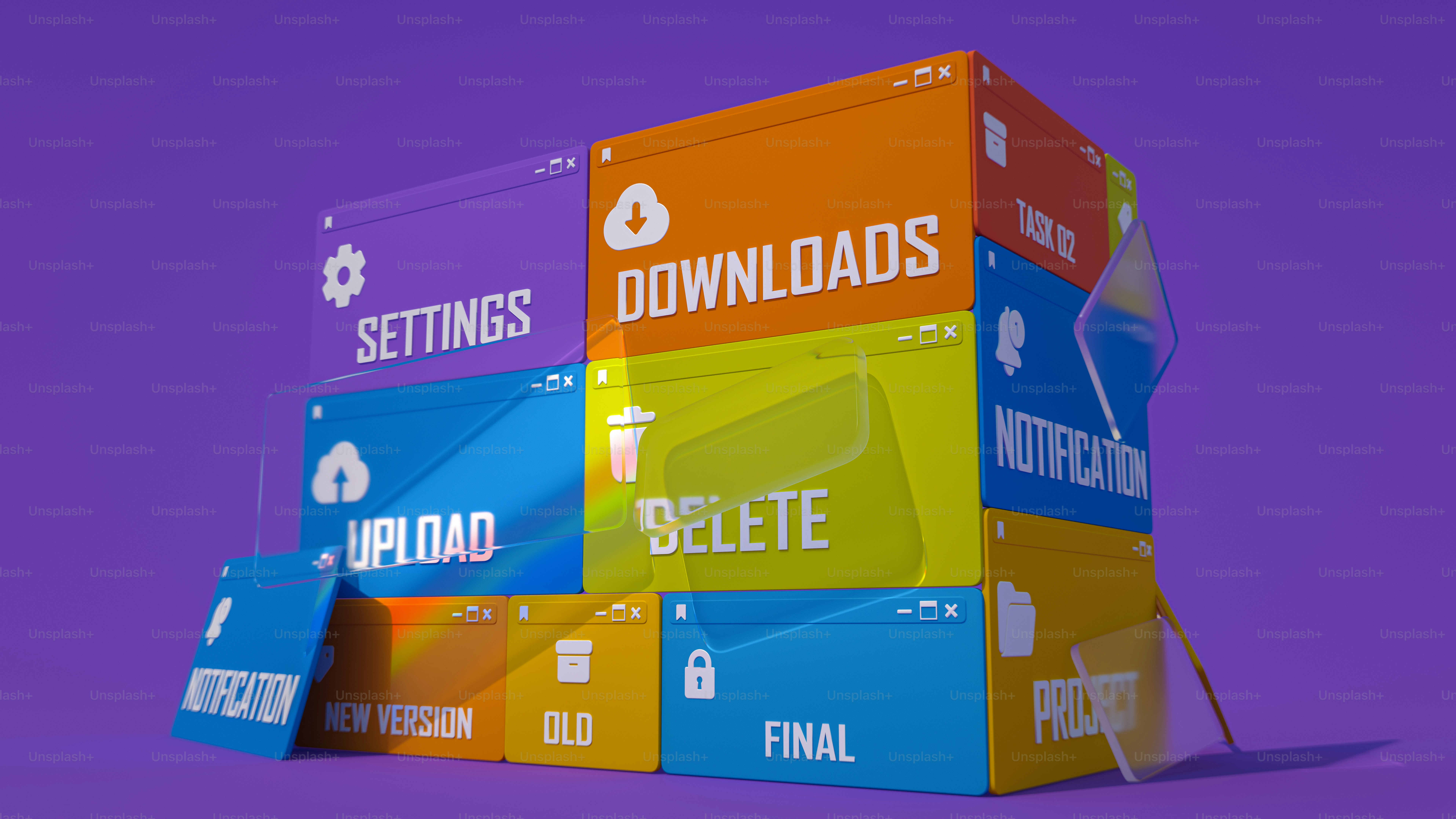 Stacked colorful digital interface windows with text labels on a purple background