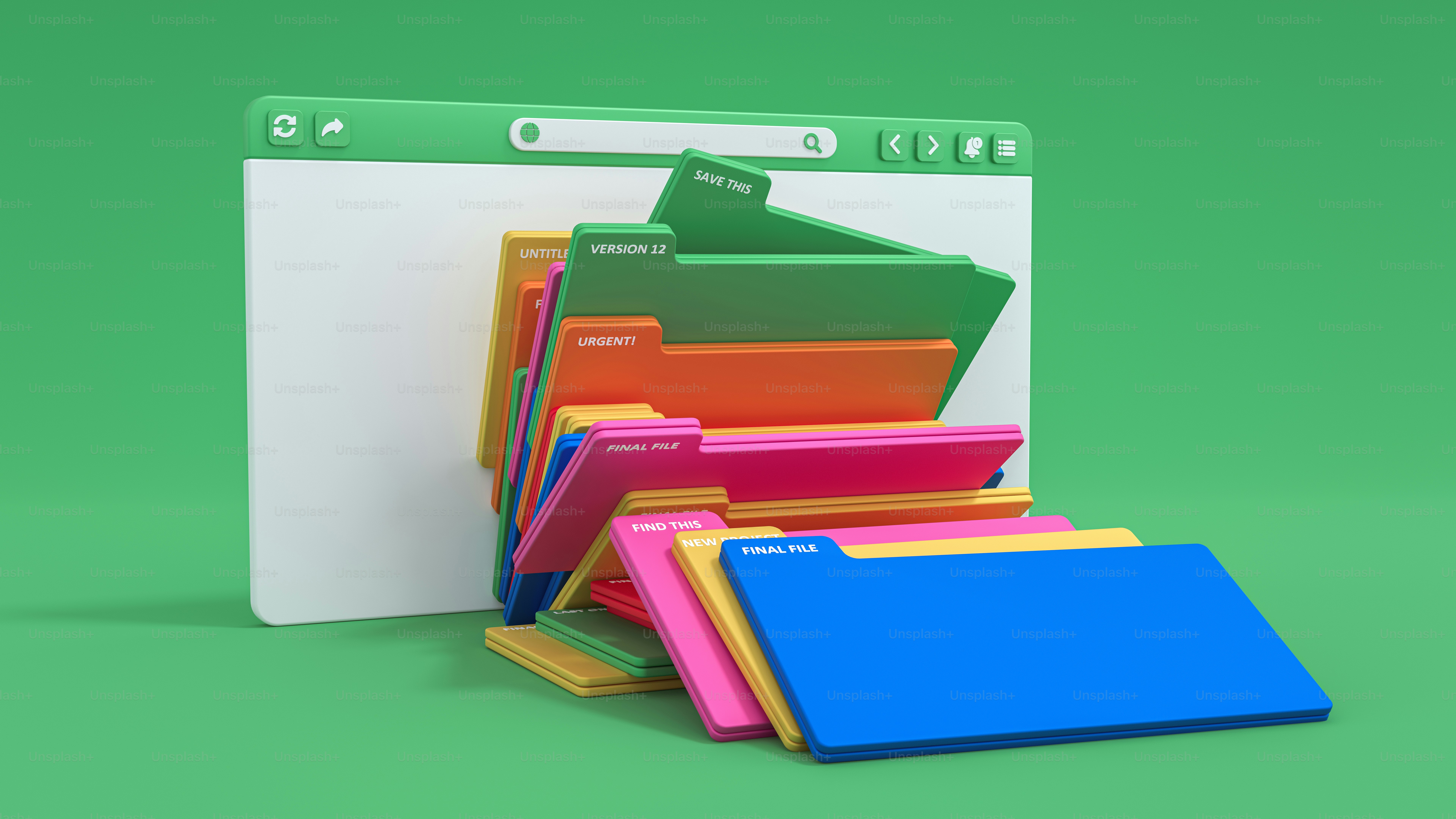 A stack of colorful file folders spilling out of a digital browser window