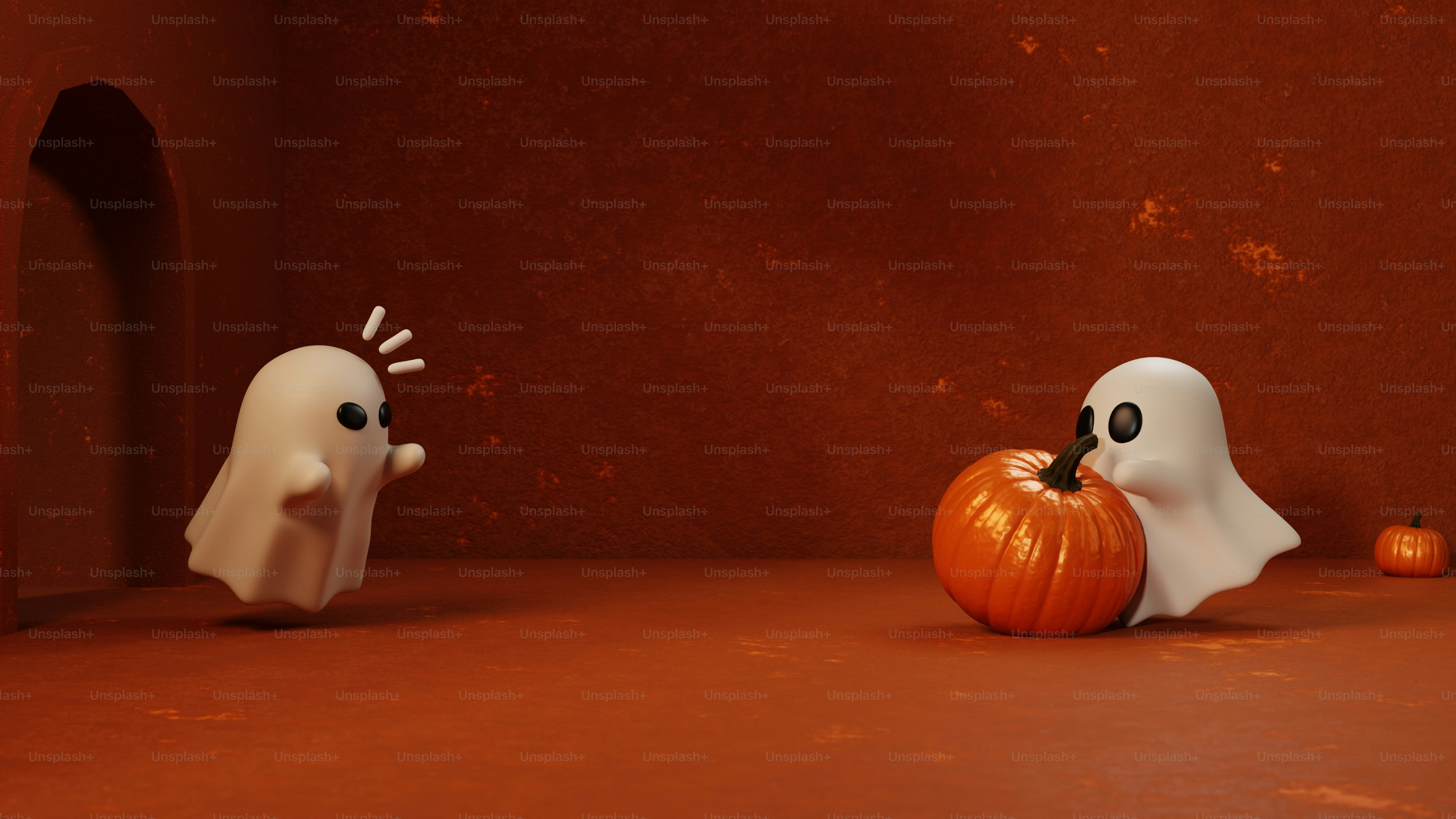 Dos personajes fantasmas blancos con calabazas en una habitación naranja oscura
