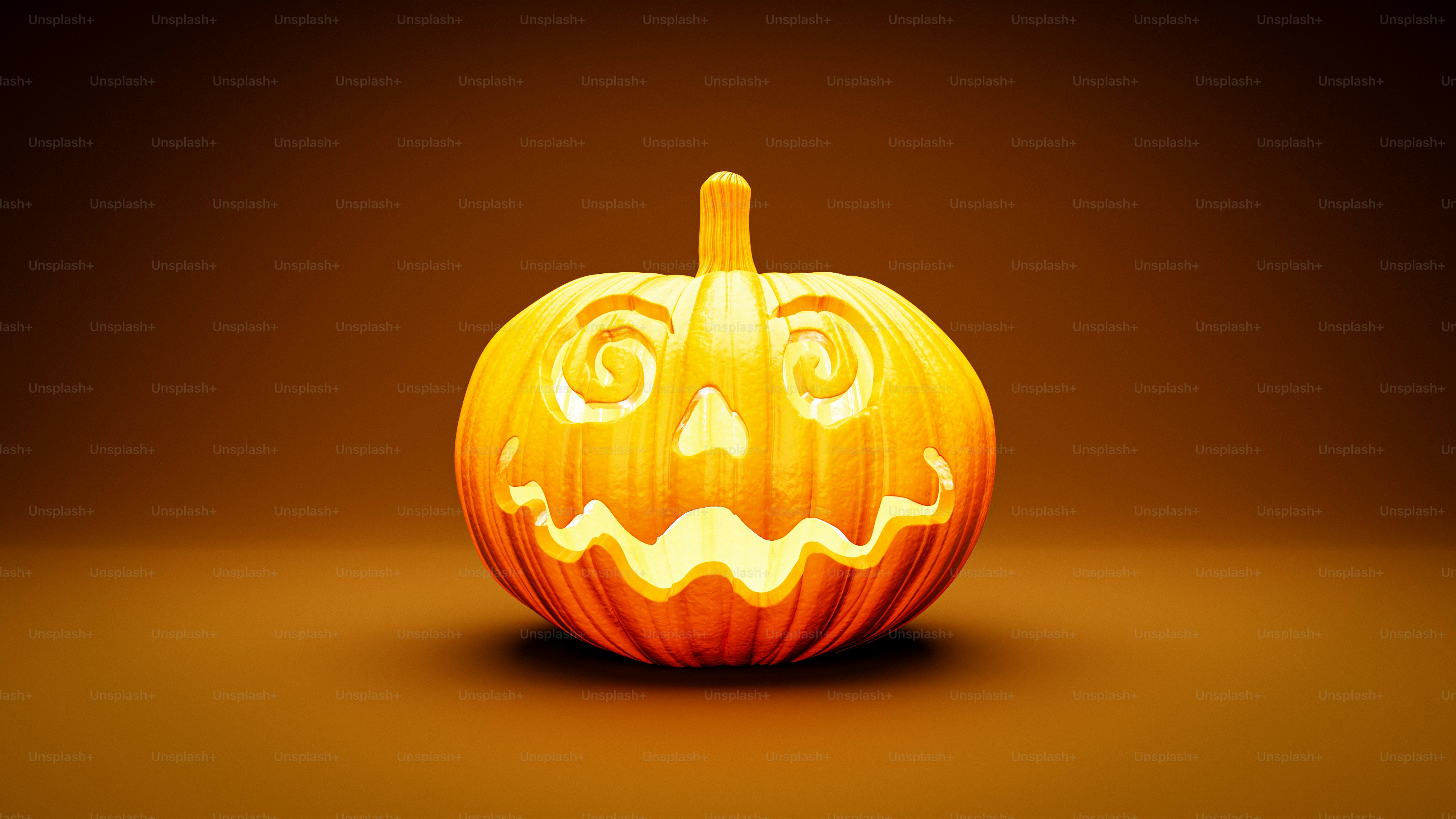 A glowing jack-o'-lantern with spiral eyes on a solid orange background