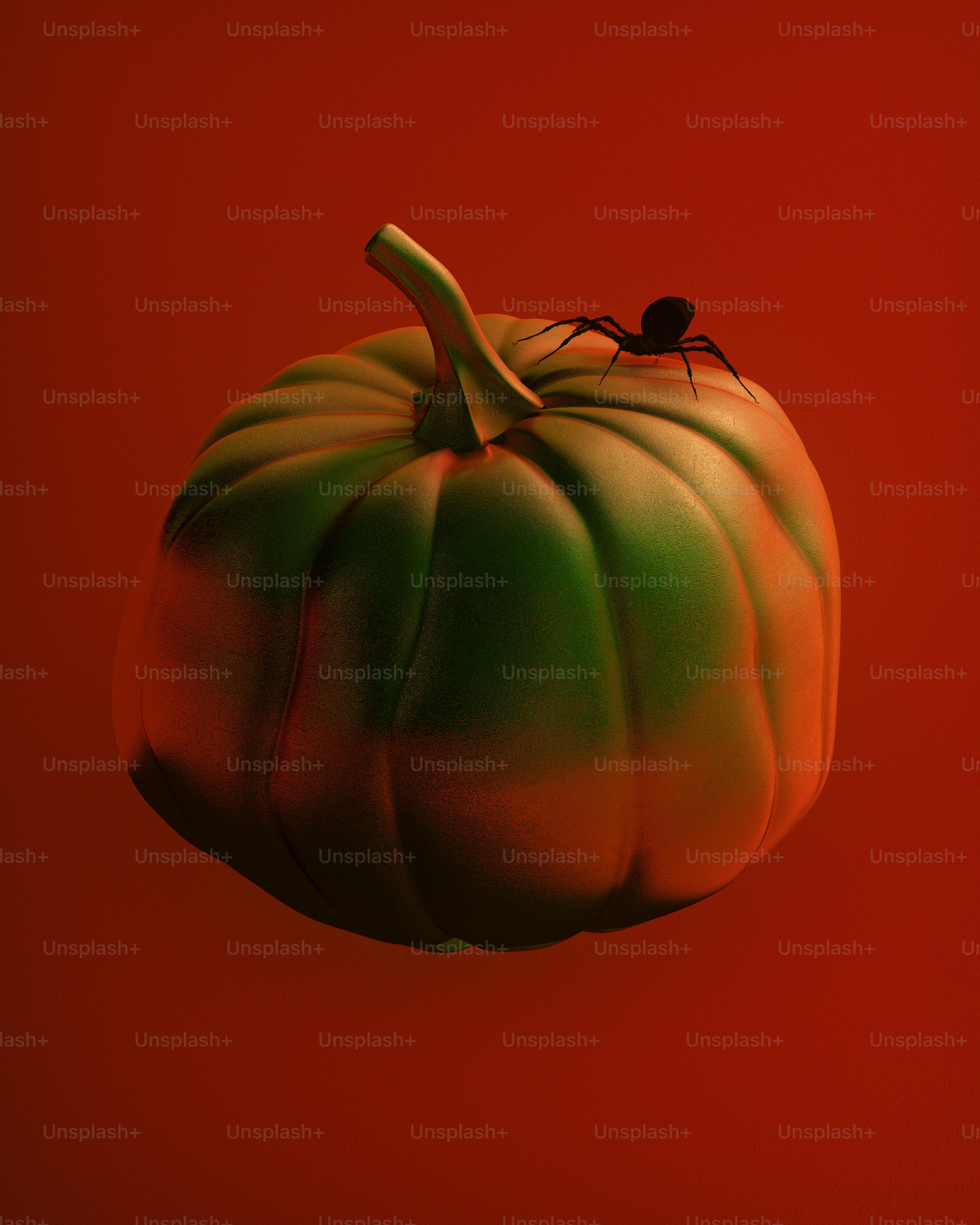 Pumpkin with spider on red background - Photo on Unsplash+