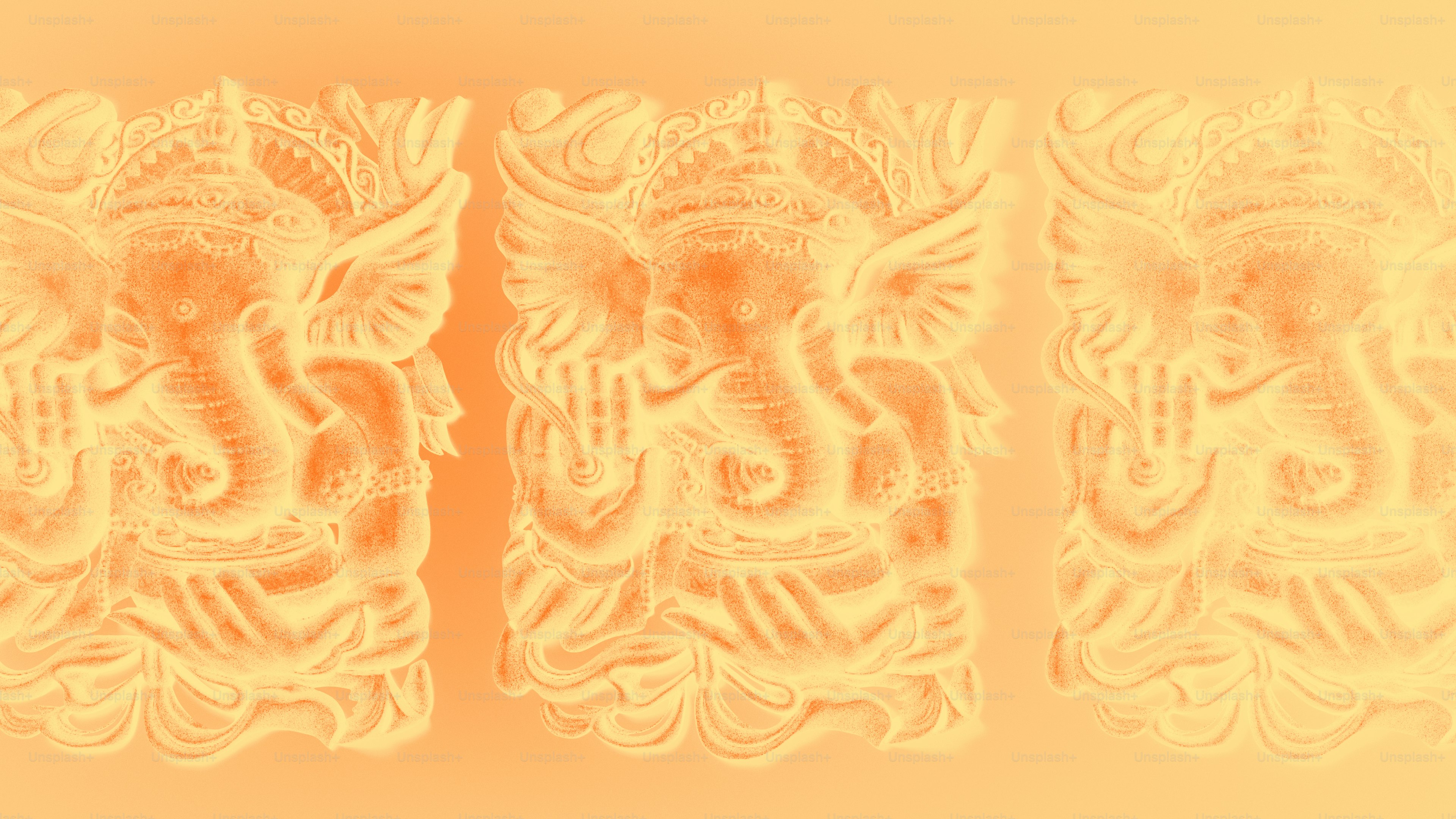Three repeating orange illustrations of the Hindu deity Ganesha on a gradient background