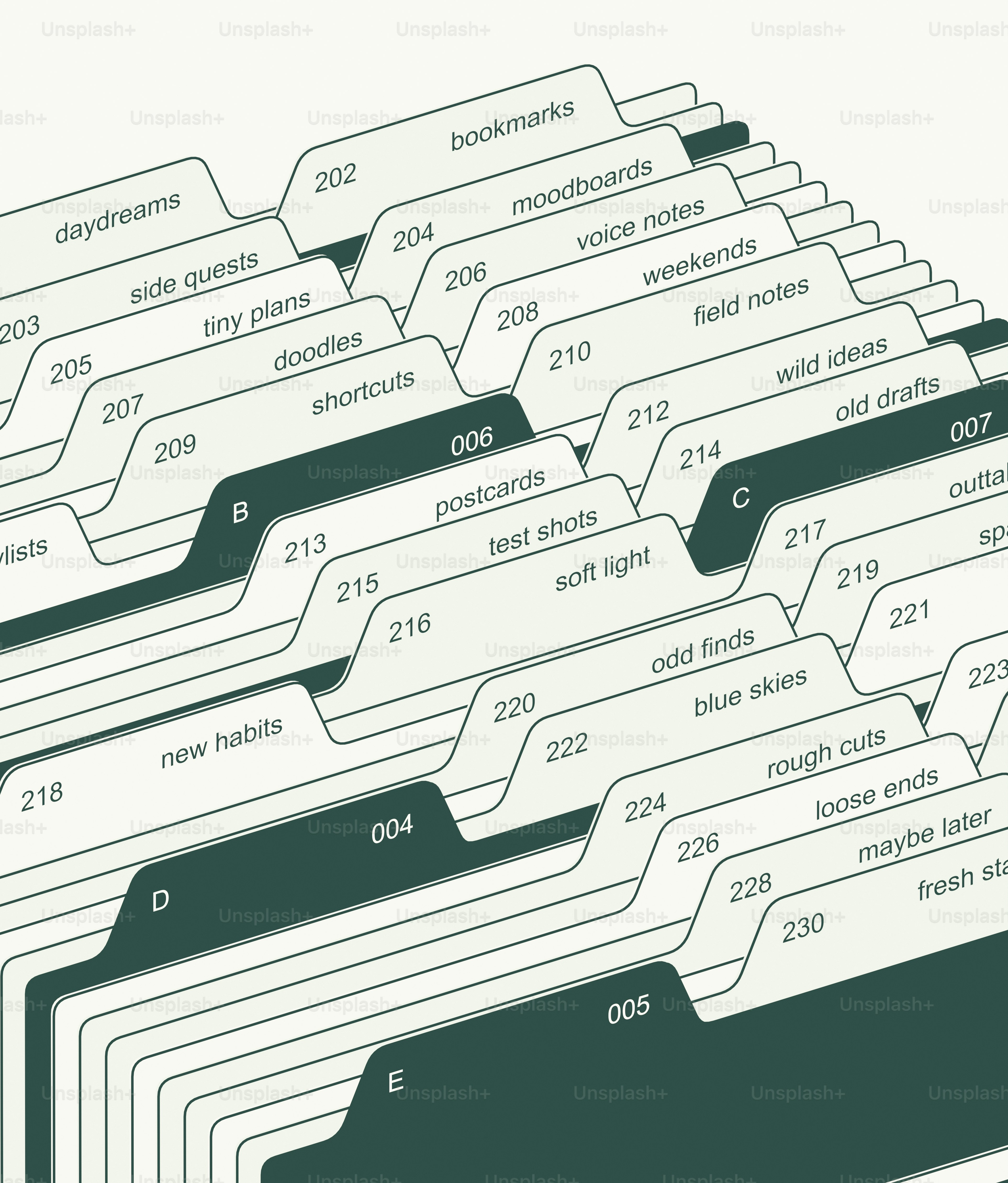 A series of labeled file dividers with numbers and text in a filing system