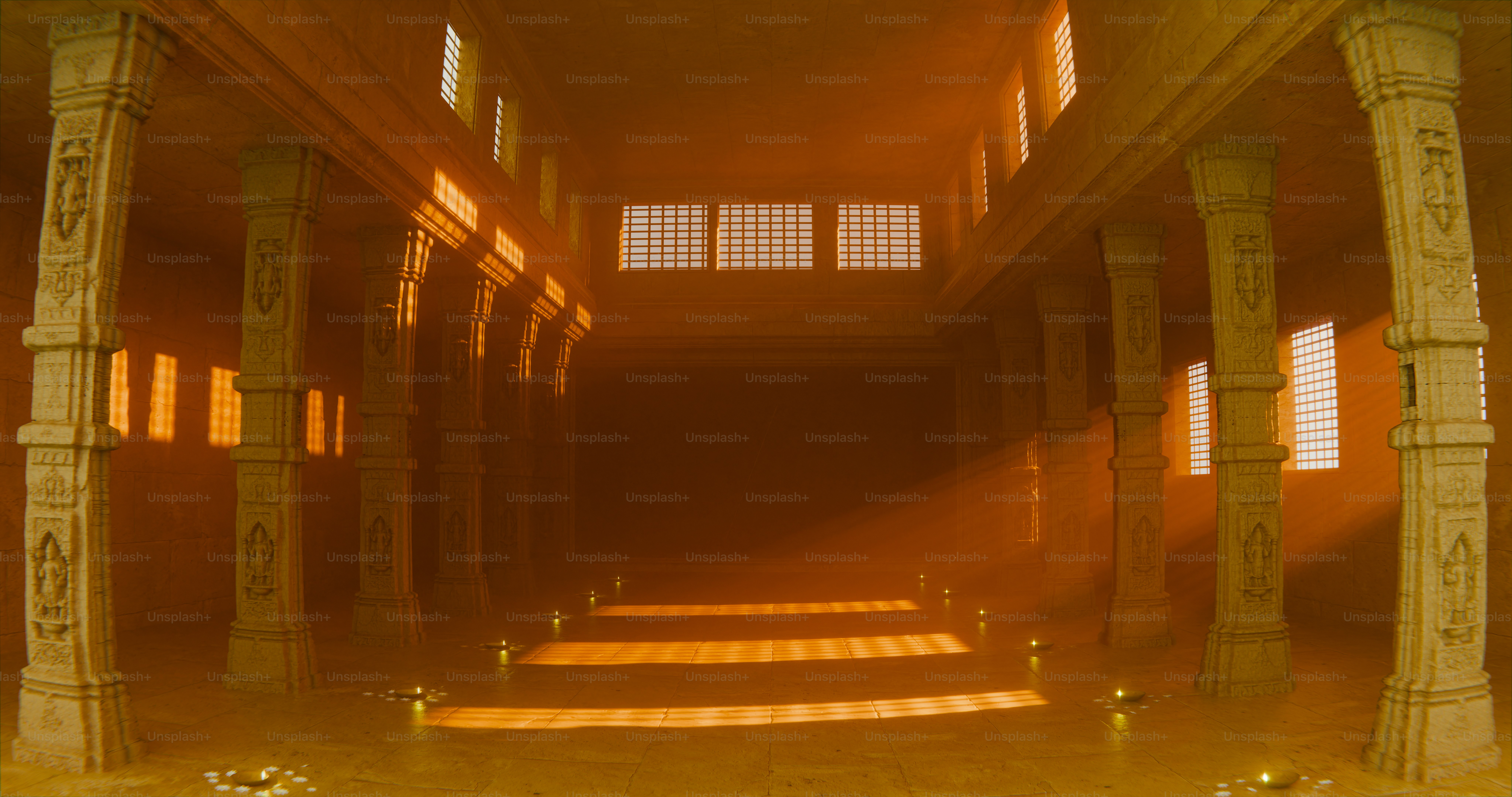 Stone pillars in a temple hall with warm light streaming through grid windows